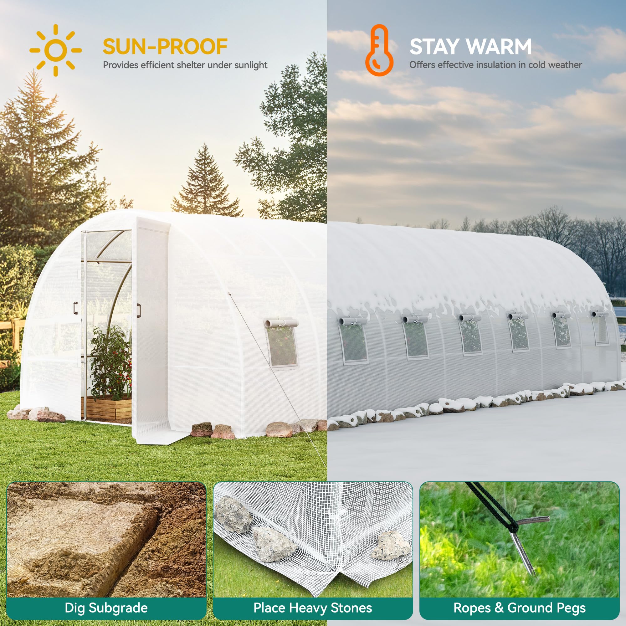 YITAHOME 26x10x7ft Greenhouse Extra Large Heavy Duty Large 2 Swing Doors Walk-in Greenhouses Tunnel Green Houses Outdoor 14 Windows Gardening Upgraded Galvanized Steel Garden, White