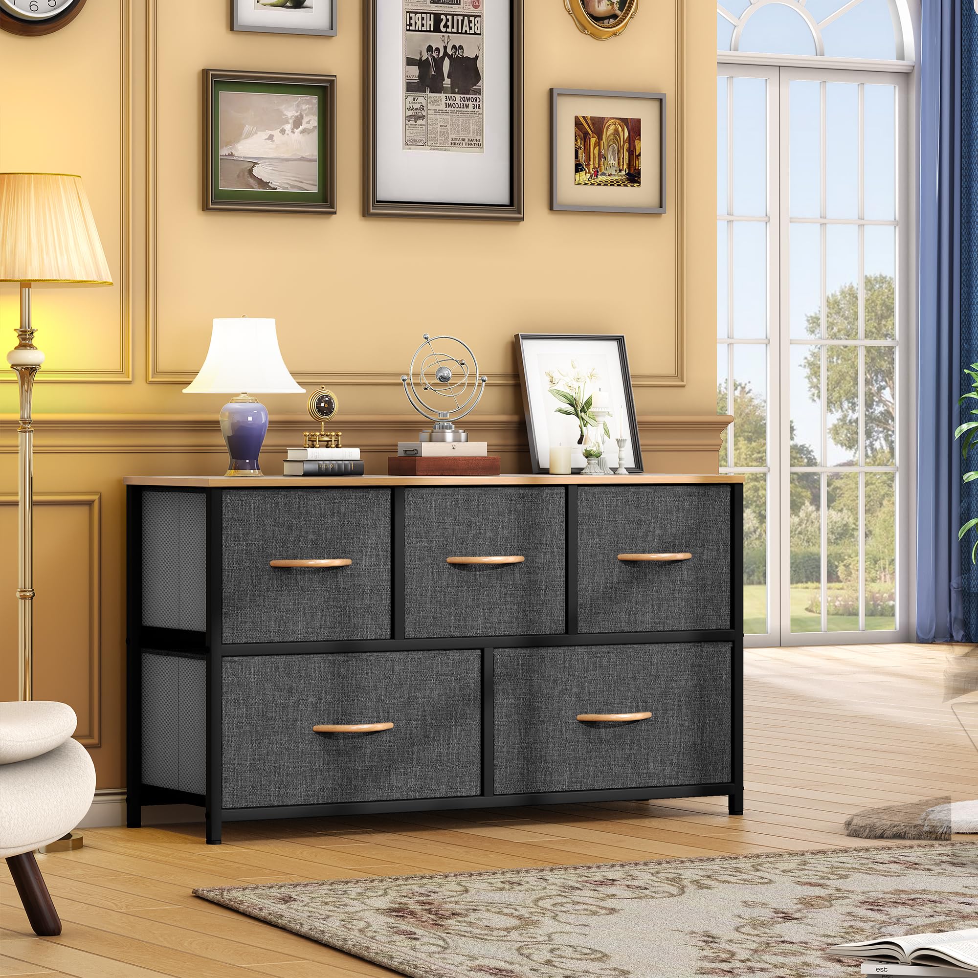 DWVO Dresser TV Stand, Fabric Tower with 5 Drawers, Dresser for Bedroom, Storage Tower, Chest of Drawers for Closet