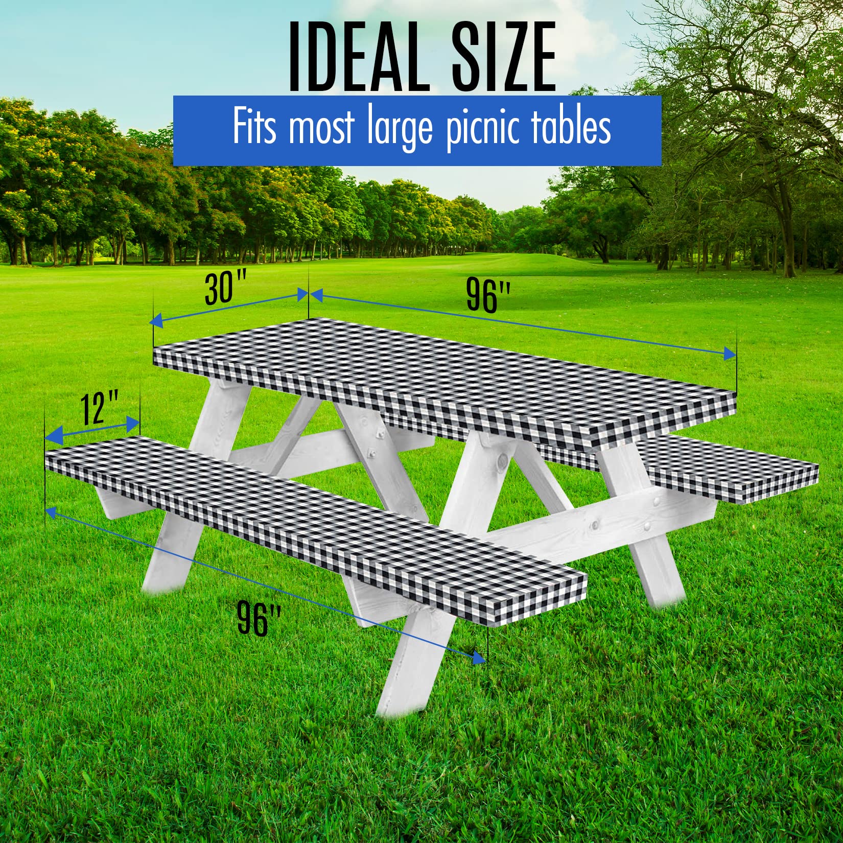 Premium Picnic Table Cover with Bench Covers Vinyl Fitted picnic table covers with Elastic RV Camping Accessories and Camper must haves Waterproof (Black Gingham, 96 x 30(8ft)) with skewers