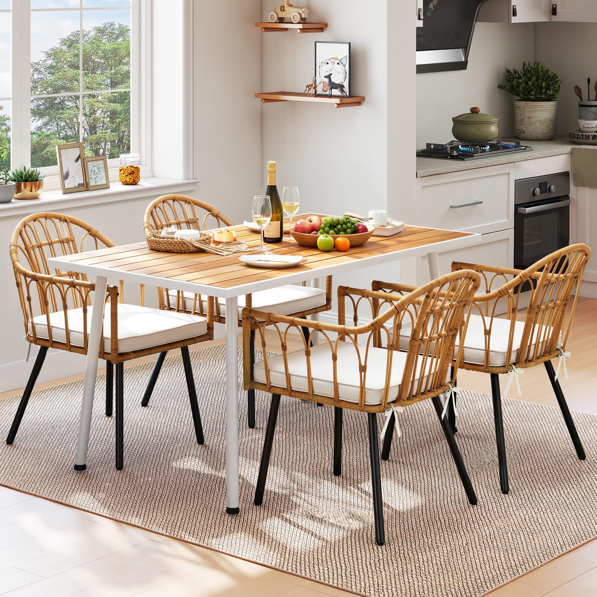YITAHOME Outdoor Patio Dining Set 5pcs 59" Outdoor Table and Chairs Patio Dining Furniture Sets for 4/6 with Umbrella Hole Outdoor Dining Table Set for Garden Lawn Porch Indoor Beige