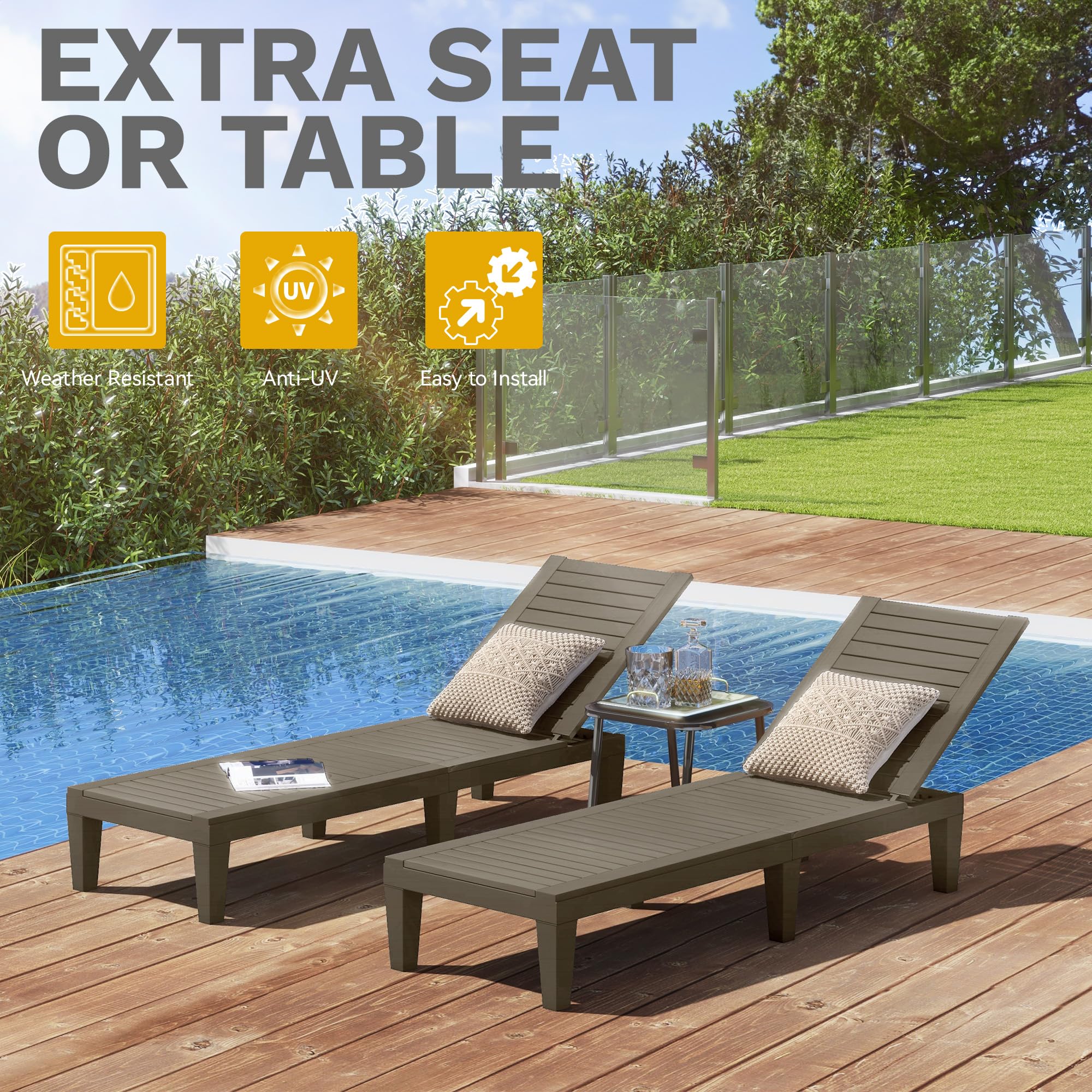 DWVO Outdoor Chaise Lounge, Pool Lounge Chair Set of 4 w/ 5-Level Backrest, Waterproof & Easy Assembly Patio Lounge Chair for Garden, Pool, and Beach (Taupe)