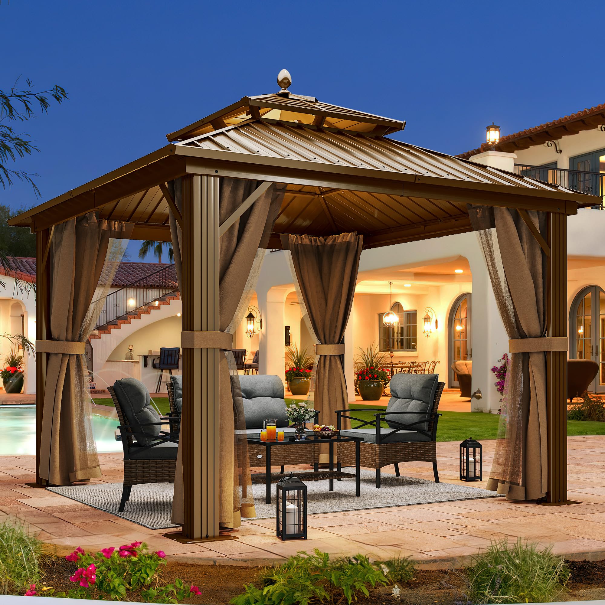 YITAHOME 10x10ft Hardtop Gazebo with Nettings and Curtains, Heavy Duty Double Roof Galvanized Steel Outdoor Combined of Horizontal Vertical Stripes Roof for Patio, Backyard, Deck, Lawn (Bronze)