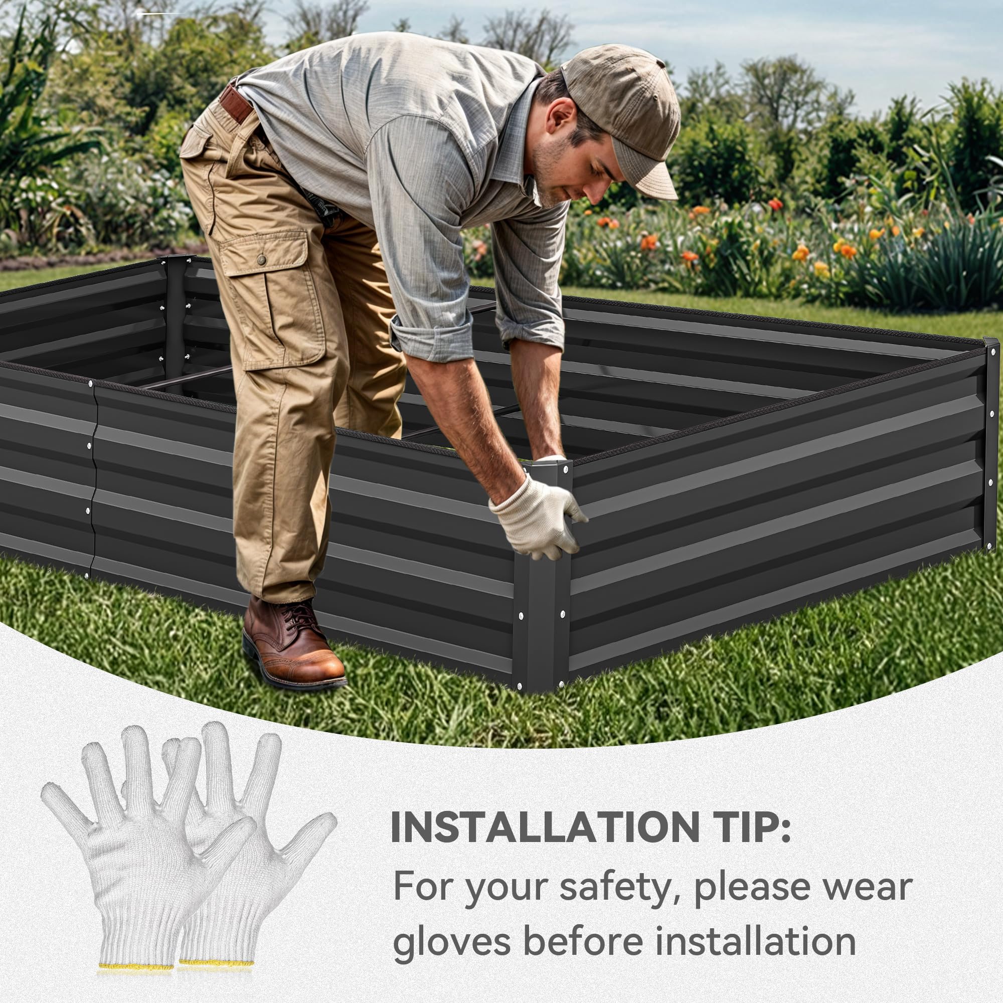 YITAHOME 8x4x1ft 2pcs Large Raised Garden Bed Kit, Galvanized Metal Planter Box with Gloves, Ground Nails & Safety Rubber, Outdoor Above Ground Planters for Plants Vegetables Flowers, Black