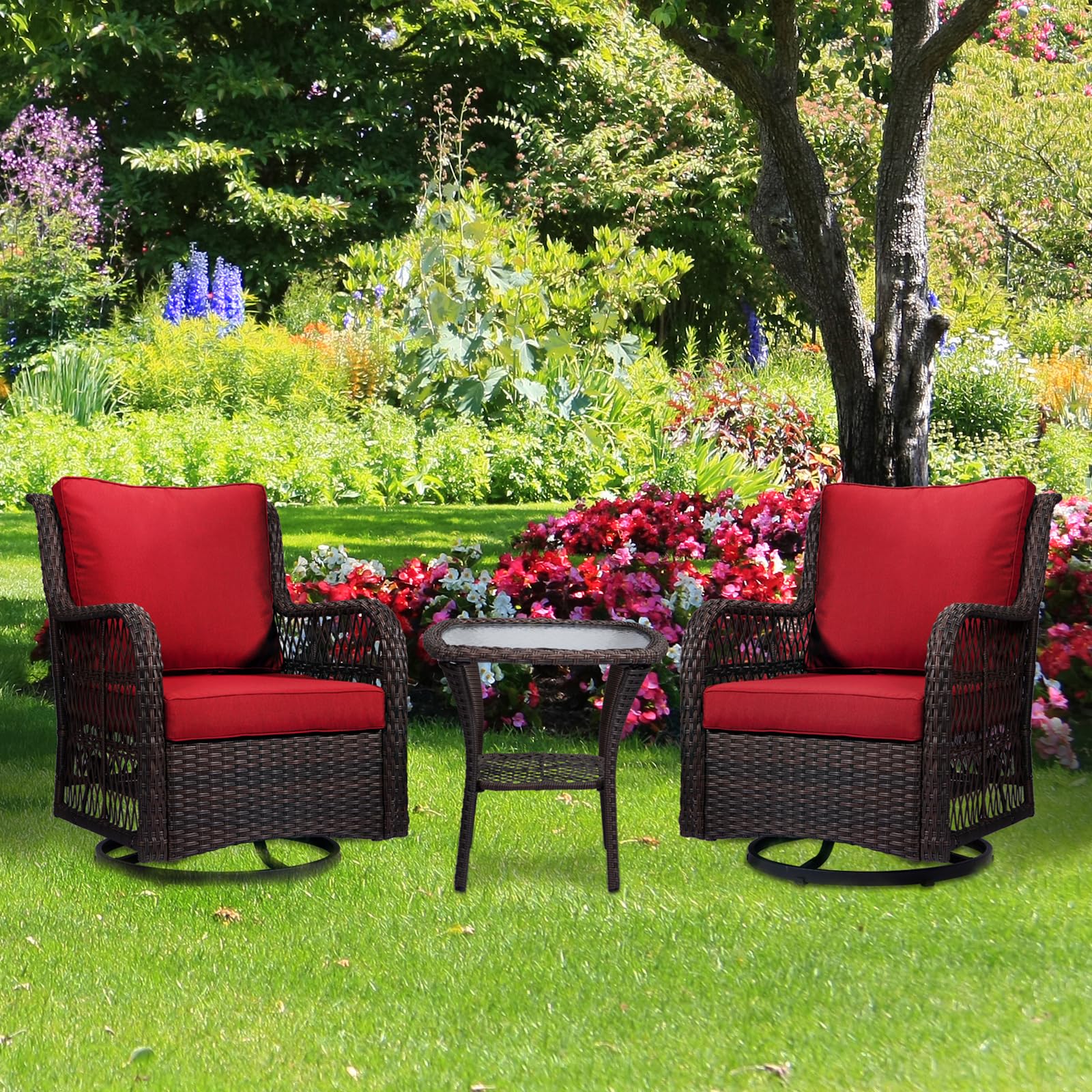 3-Piece Outdoor Wicker Rattan Swivel Rocking Chair Set with Armored Glass Side Table & Premium Cushions - 360° Swivel Patio Furniture for Backyard, Porch, Deck, Balcony, Garden, Rust