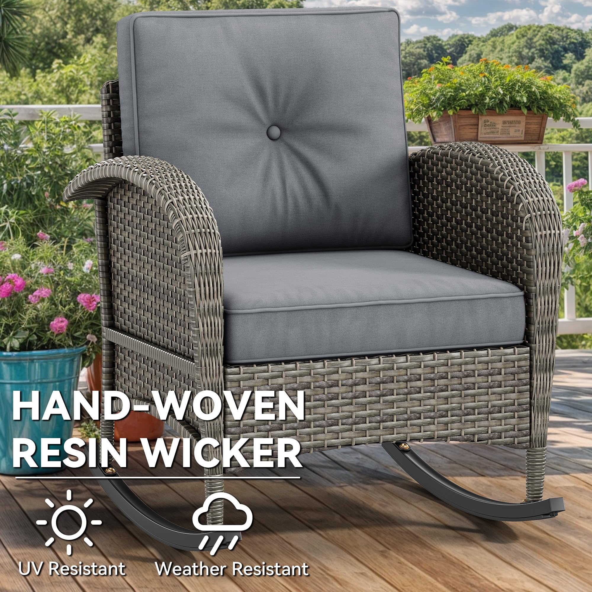 YITAHOME 3-Piece Wicker Rocking Chair Set, Outdoor Patio Furniture Set with Plush Cushions, PE Rattan Bistro Set Including Side Table, Perfect for Garden, Backyard, Porch, and Patio Use, Grey