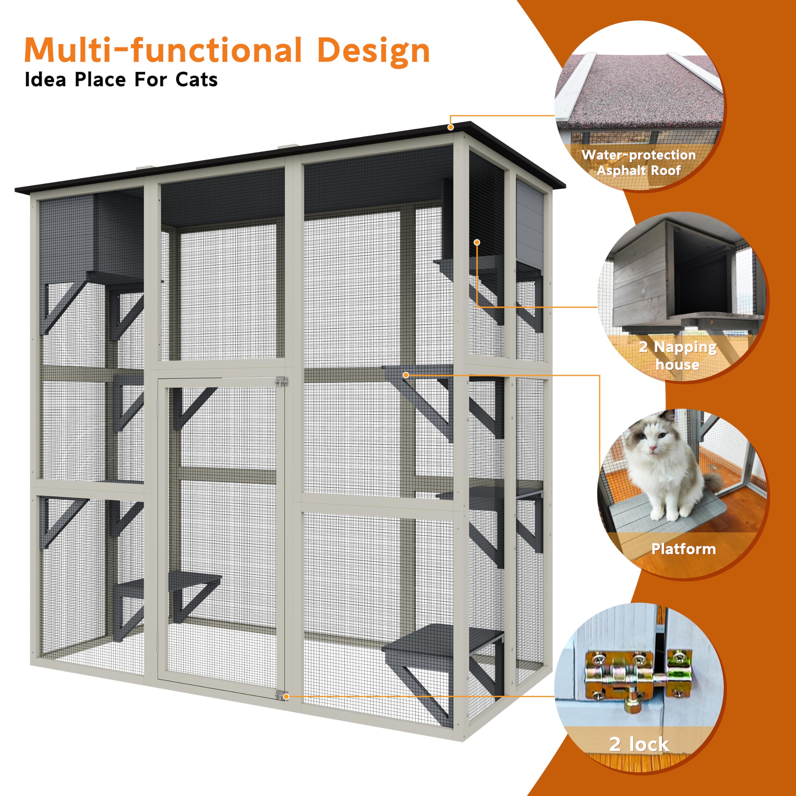 Catio Outdoor Cat Enclosure, Large Walk in Cat Cage, Wood Cat House for Cats with Six Platforms, Large Door, Waterproof Roof