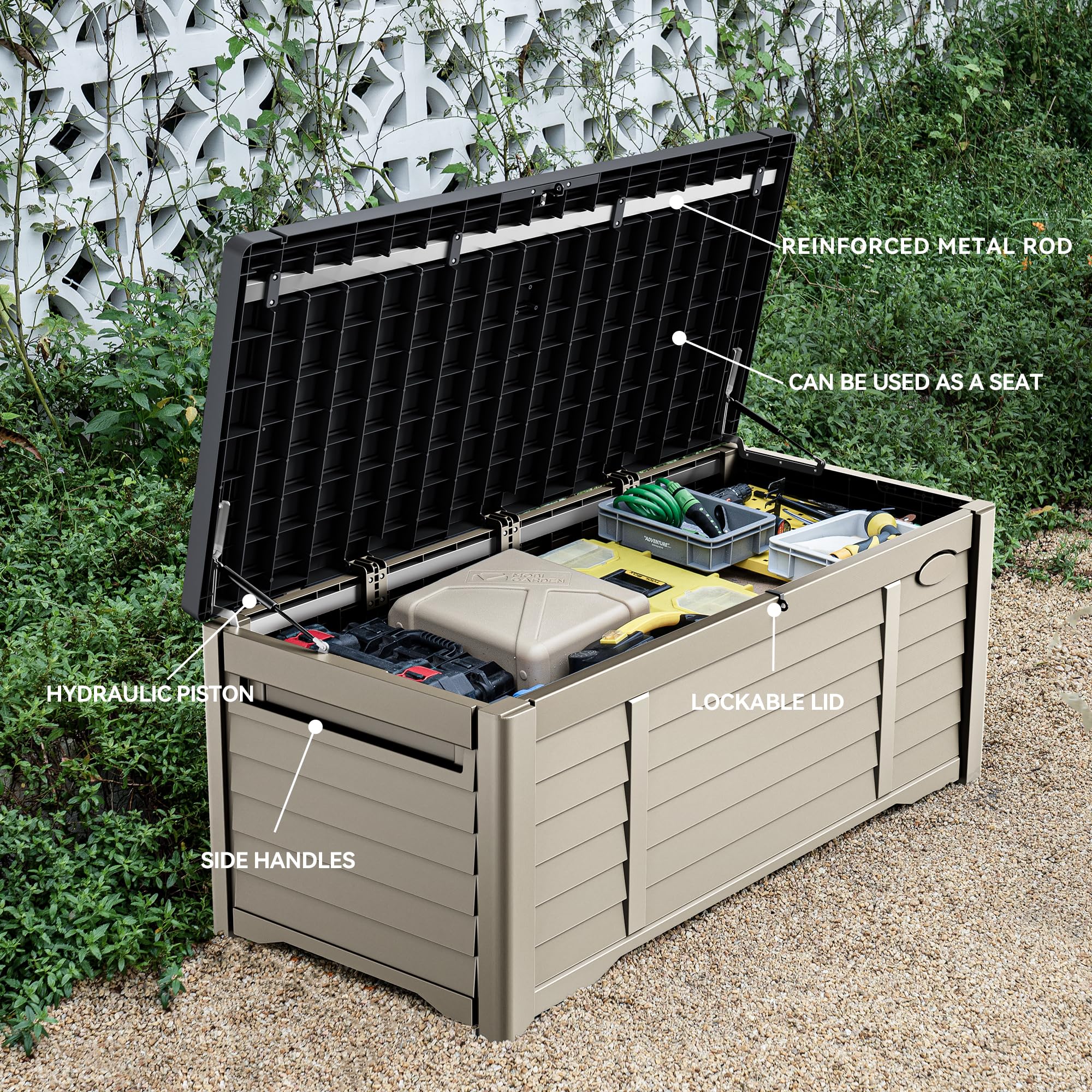 DWVO Outdoor Louver Storage Deck Box w/120 Gallon Capacity, Large Storage Box for Outdoor Pillows, Garden Tools and Pool Supplies, Resin, Waterproof, Lockable (Black & Brown)