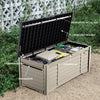 DWVO Outdoor Louver Storage Deck Box w/120 Gallon Capacity, Large Storage Box for Outdoor Pillows, Garden Tools and Pool Supplies, Resin, Waterproof, Lockable (Black & Brown)