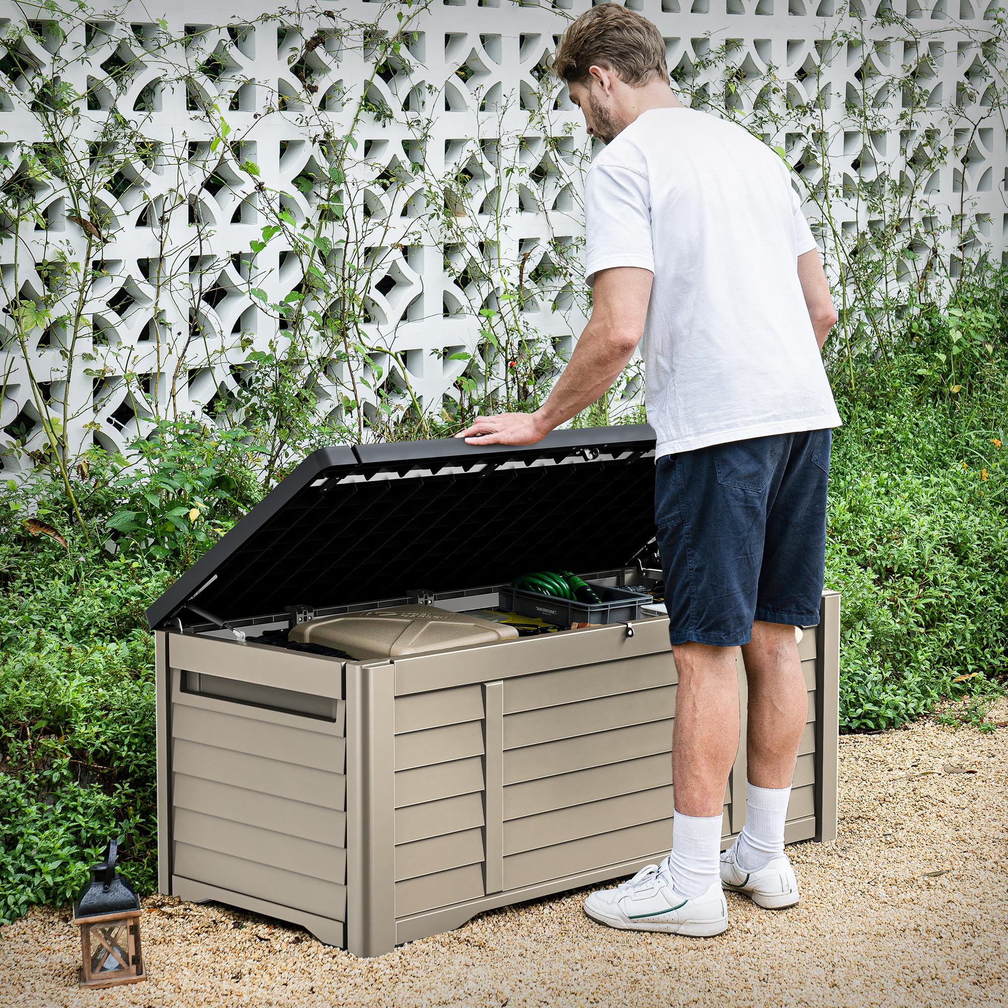 DWVO Outdoor Louver Storage Deck Box w/120 Gallon Capacity, Large Storage Box for Outdoor Pillows, Garden Tools and Pool Supplies, Resin, Waterproof, Lockable (Black & Brown)