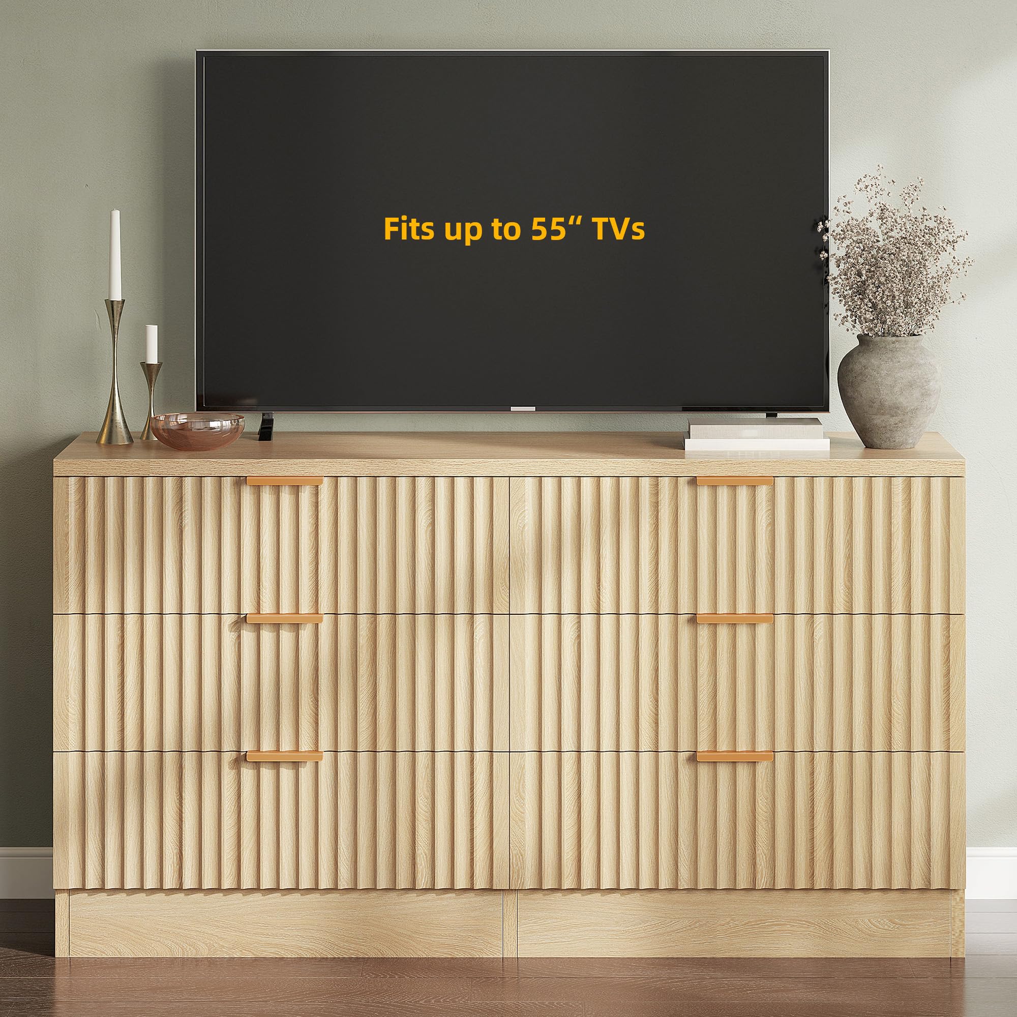 DWVO Fluted Sideboard Cabinet with 6 Drawers, Self-Standing Buffet Cabinet, Modern Drawers Dresser, Wooden Storage Cabinet for Living Room, Entryway, Hallway, Natural Oak