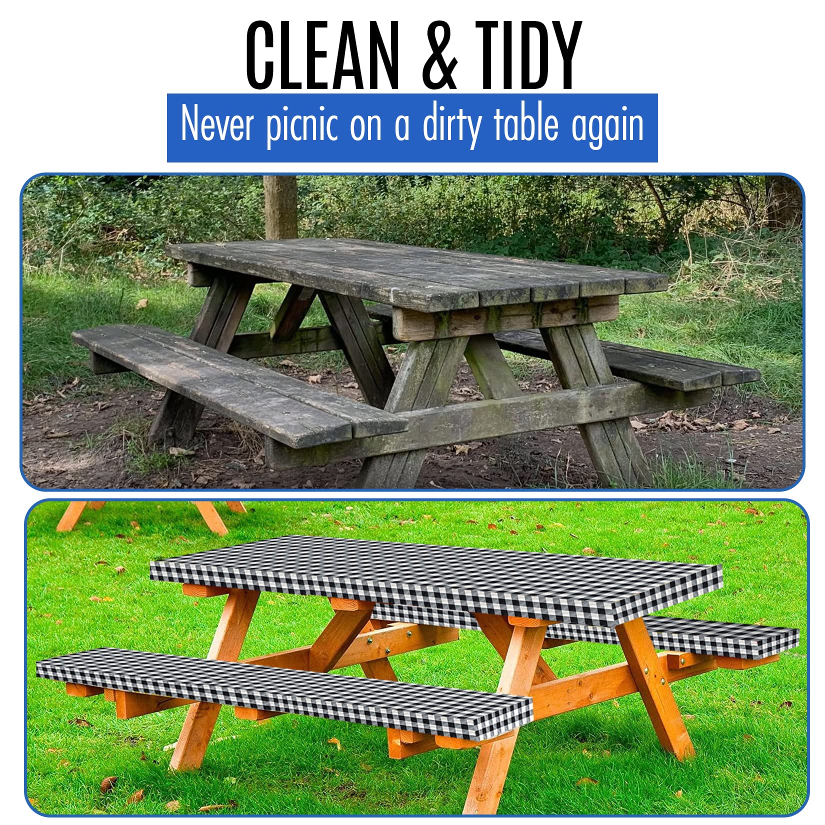 Premium Picnic Table Cover with Bench Covers Vinyl Fitted picnic table covers with Elastic RV Camping Accessories and Camper must haves Waterproof (Black Gingham, 96 x 30(8ft)) with skewers