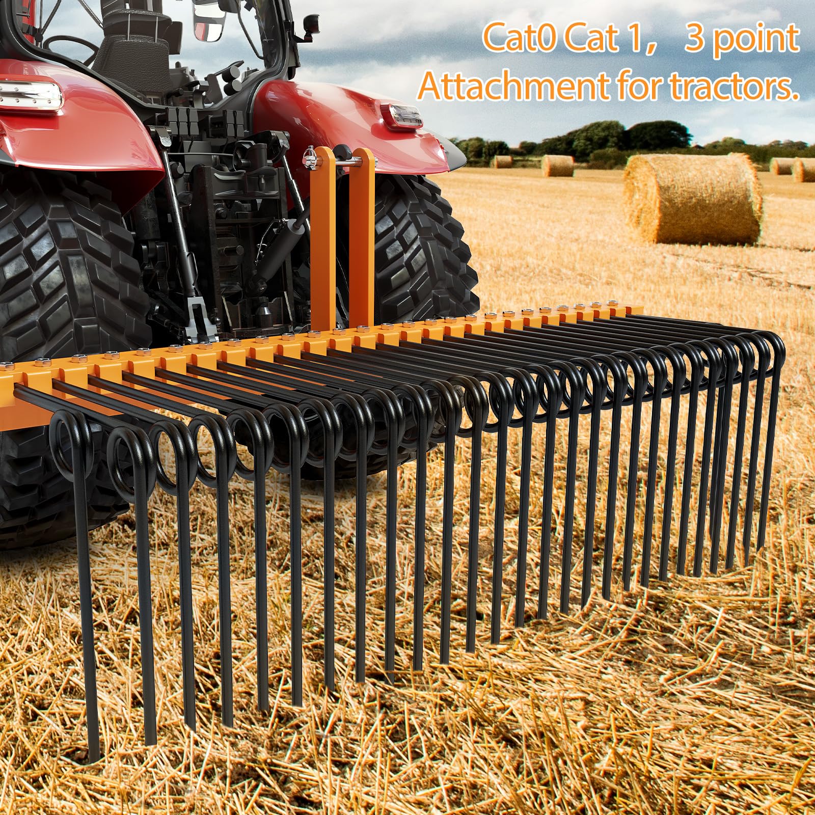 GarveeLife 60 Inch Pine Straw Needle Rake, 3 Point Landscape Rake, Powder Coated Steel Spring Tow Behind Rake, Tractor Rake Attachments for Leaves Straw Grass Attach to Cat 0 Cat 1, Orange