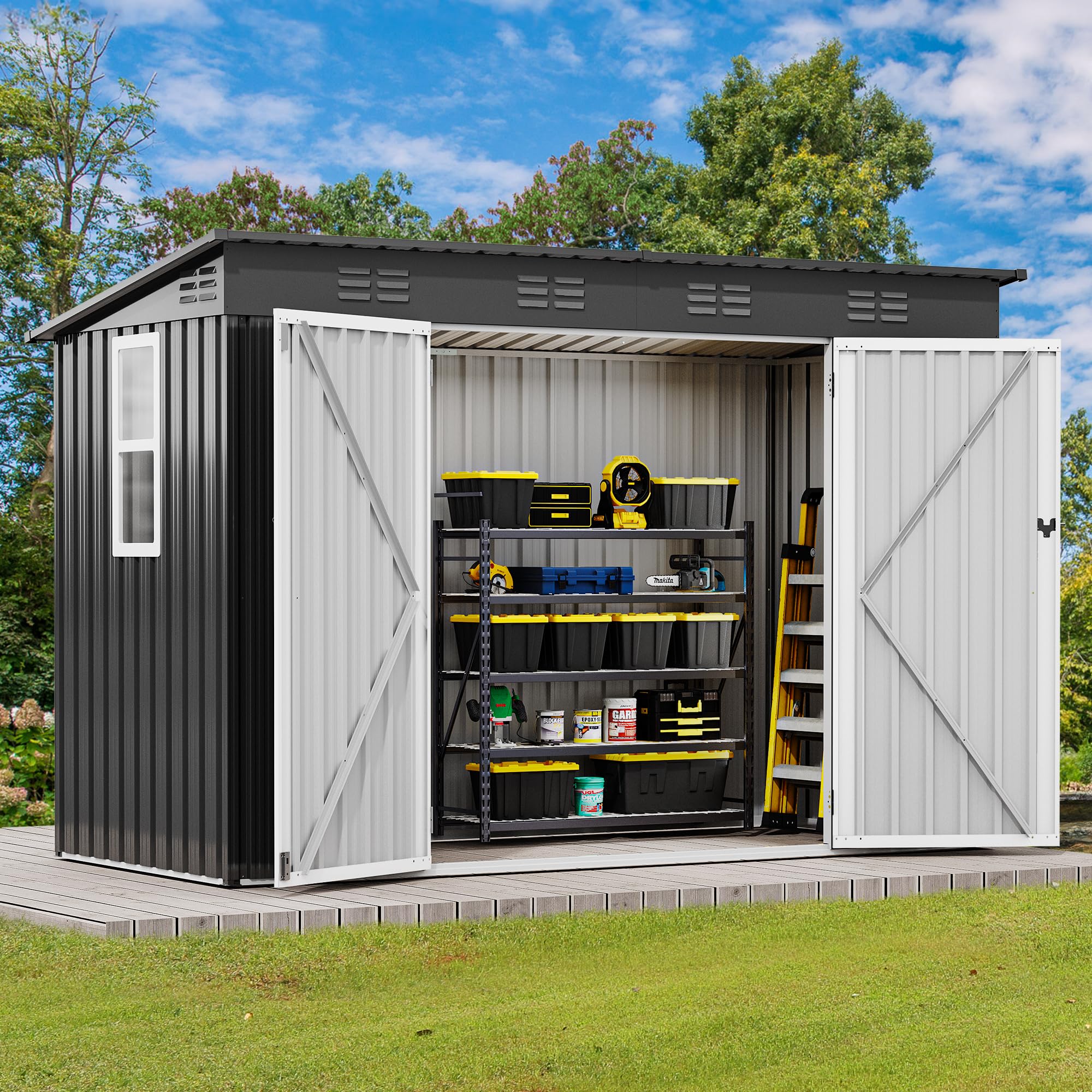 DWVO 9.1x4.2ft Metal Outdoor Storage Shed with Window, Lockable Tool Storage Sheds, Oversized Steel Garden Sheds with Sloped Roof for Backyard, Patio, Garage, Lawn, Dark Gray