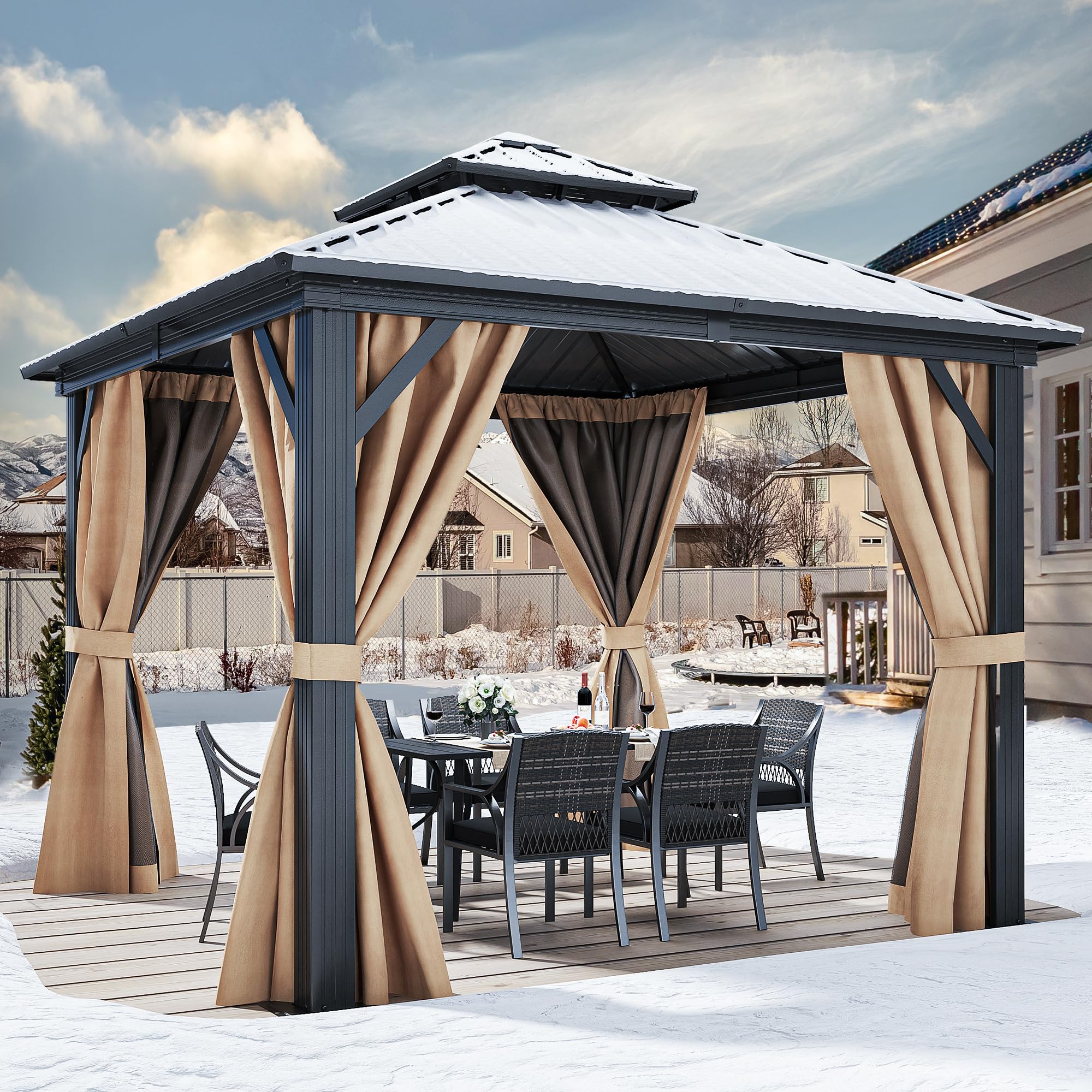 YITAHOME 10x10ft Gazebo Double Roof Hardtop with Nettings and Curtains, Heavy Duty Galvanized Steel Outdoor Vertical Stripes Roof for Patio, Backyard, Deck, Lawns, Brown