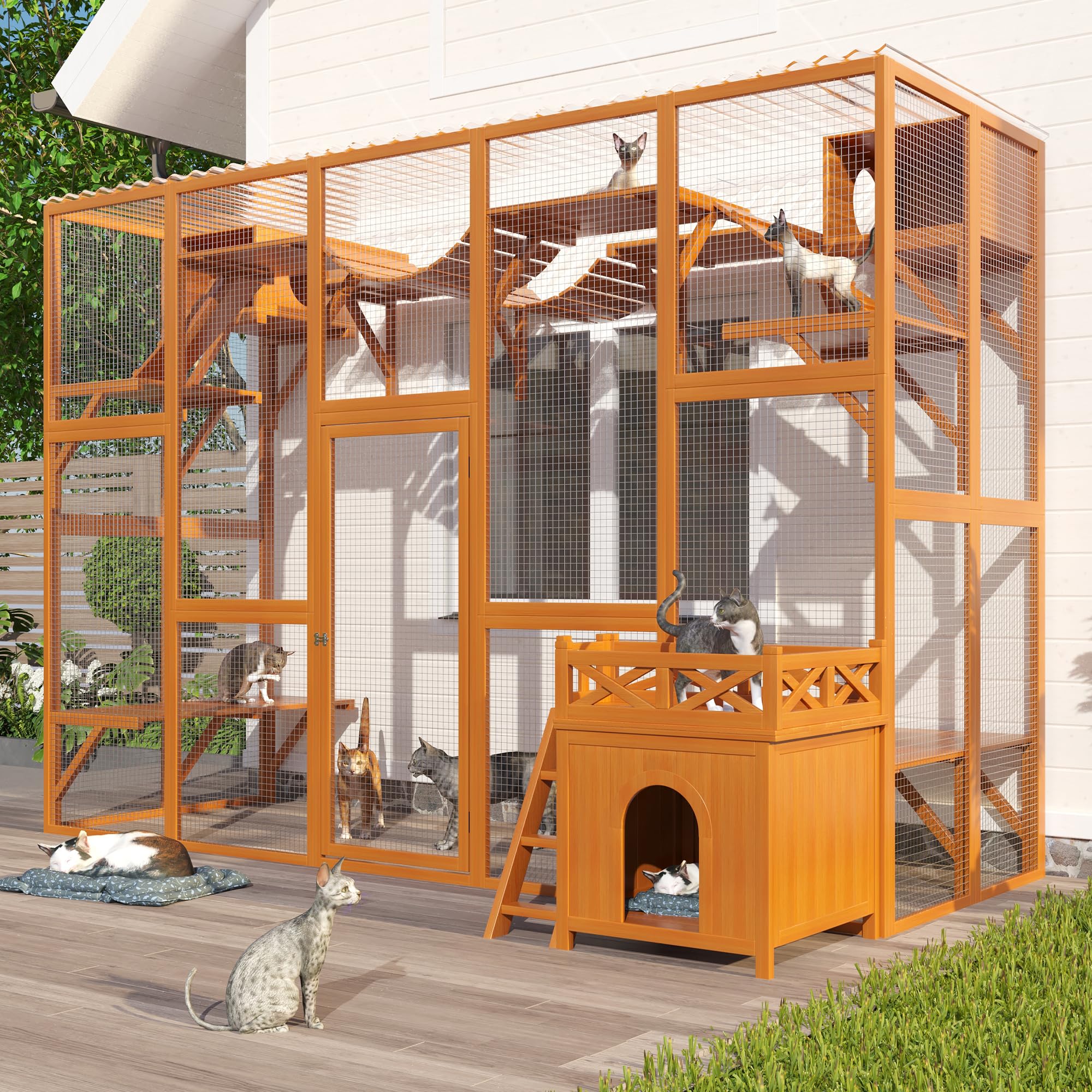 118" Large Wooden Window Catio Outdoor Cat Enclosure Walk in Cat Cage Kitten Playpen Patio with Weatherproof Roof, 2 Resting Houses,2 Bouncy Bridges and 6 Platforms Natural Wood