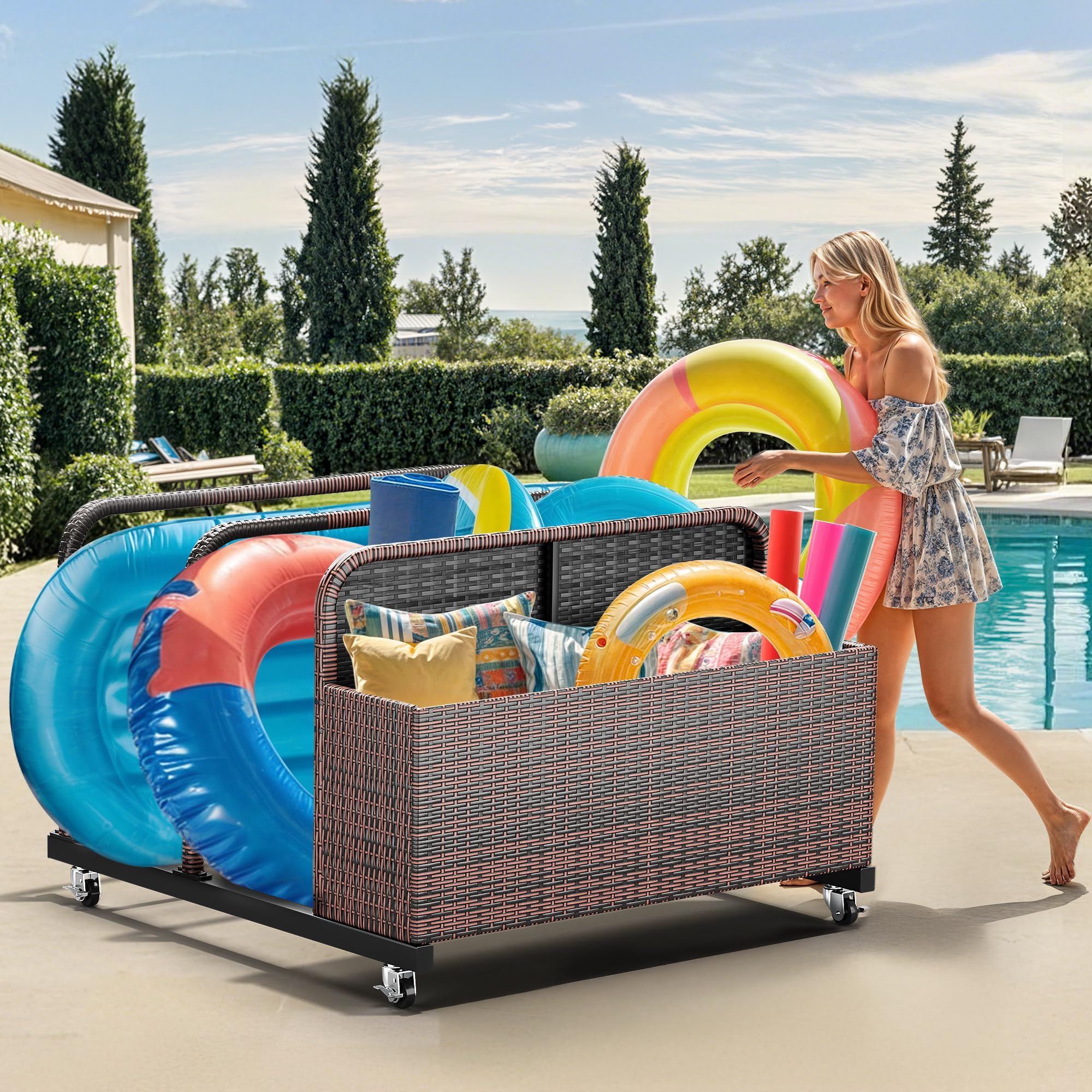 YITAHOME Outdoor Wicker Patio Poolside Float Storage, PE Rattan Rolling Pool Float Caddy for cushions, Floaties, Noodles, Life Vests, Beach Balls, Patio Furniture (Brown)