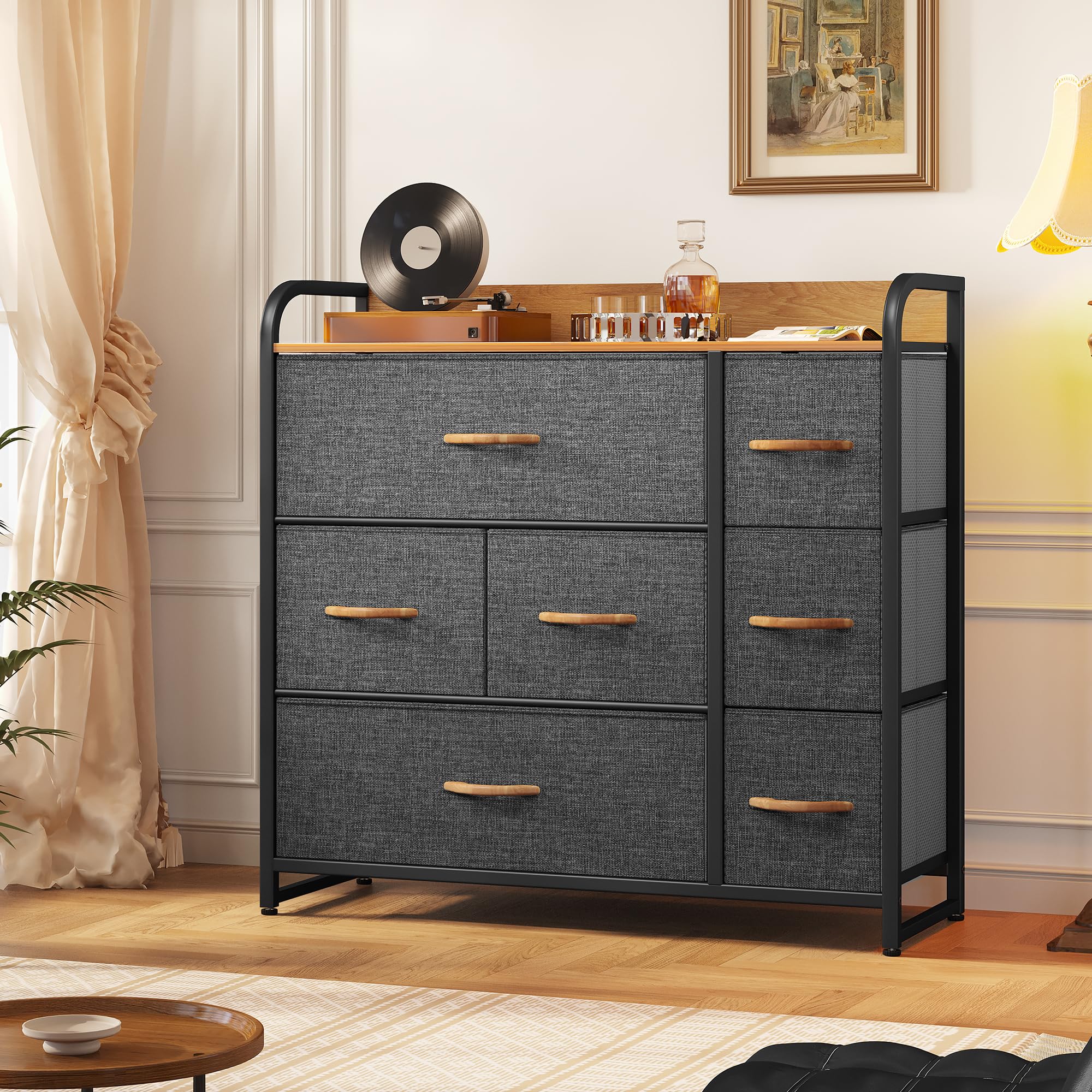 DWVO Fabric Dresser with 7 Drawers, Black Dresser & Chest of Drawers, Storage Tower with Large Capacity, Organizer Unit for Bedroom, Living Room & Closets