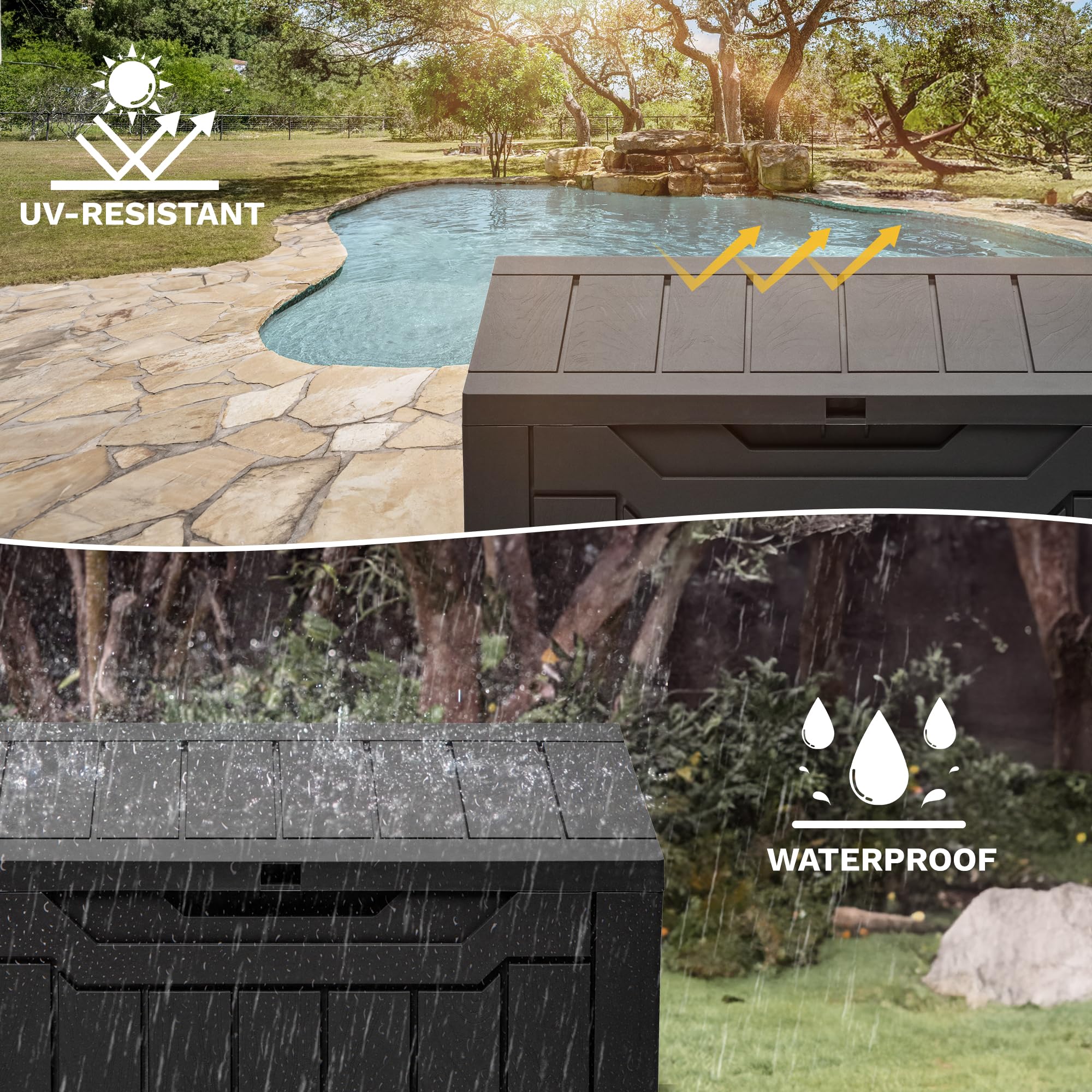 DWVO 30 Gallon Outdoor Storage Box with Side Handles and Lockable Lid, Weatherproof Resin Deck Box for Patio, Cushions, Garden Tools, and Supplies - Black