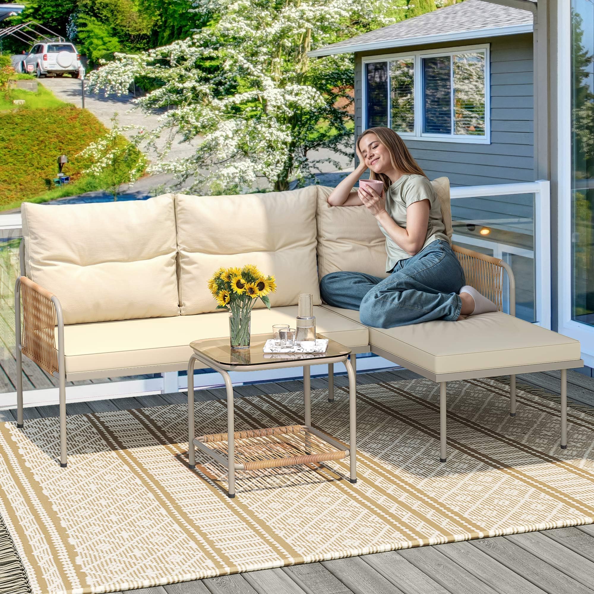 YITAHOME Patio Furniture Set, 3 Pieces Outdoor Wicker Conversation Set, All-Weather Rattan Sectional L-Shaped Sofa Detachable Lounger with Cushions and Coffee Table for Backyard, Porch, Boho - Beige