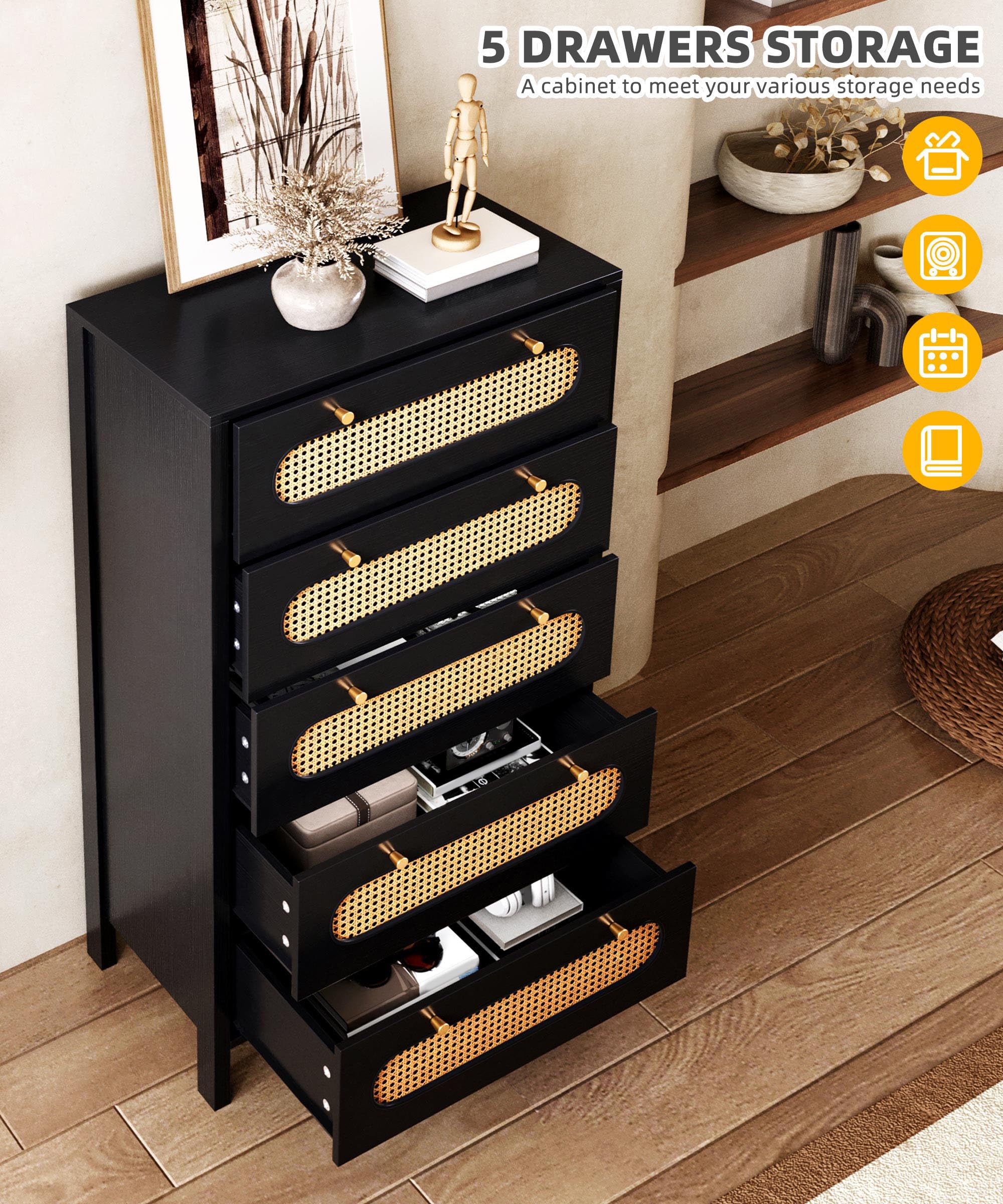 DWVO 47" Tall Natural Rattan Buffet Sideboard Cabinet 5 Drawer Boho Dresser Chest of Drawers with Golden Handles, Wood Dresser Storage Cabinet for Hallway, Entryway, Hold up to 300lbs, Black