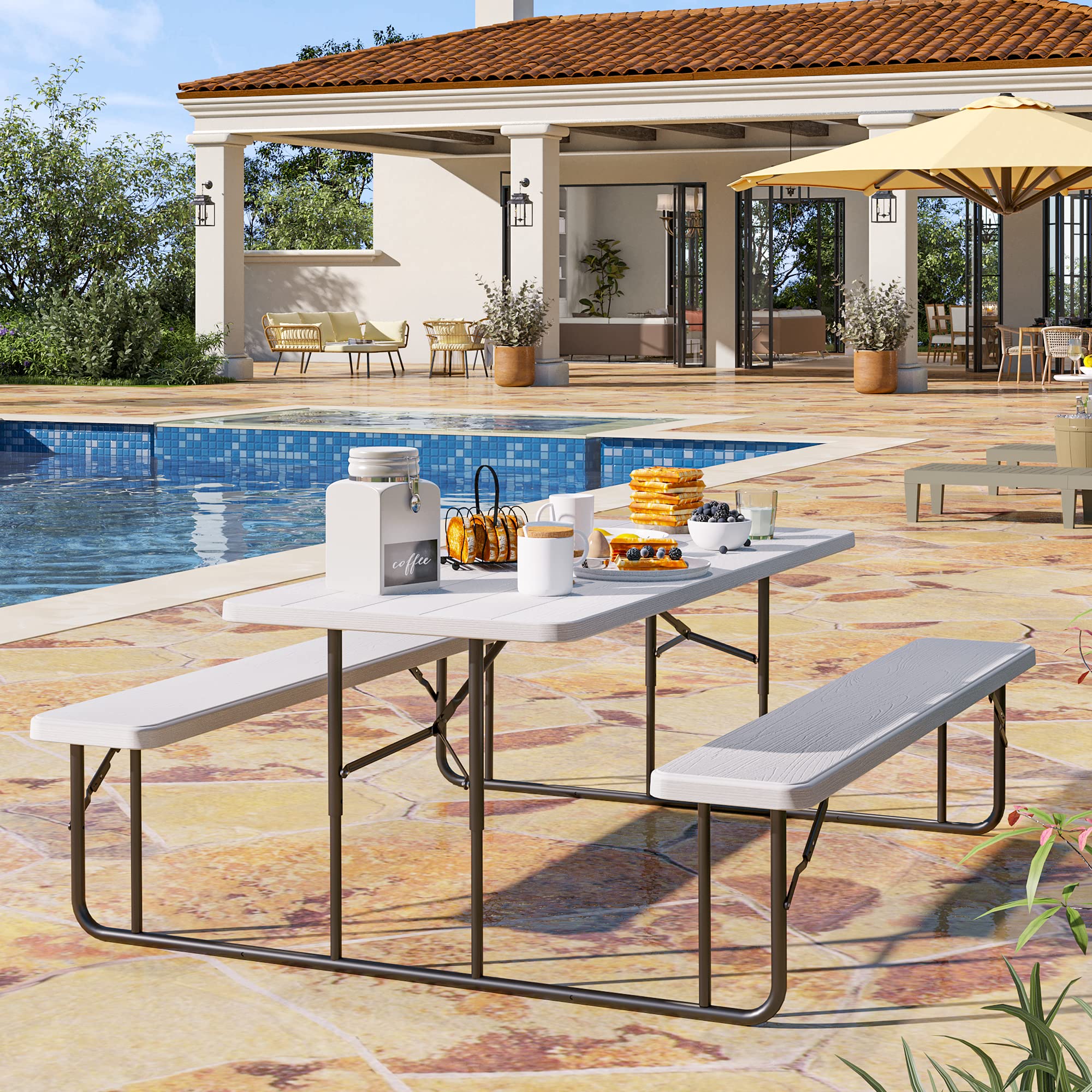 YITAHOME 6FT Large Folding Picnic Table w/Easy Assembly Steel Frame & Wood Like Tabletop, All Weather Folding Picnic Tables with Benches Ideal for Yard Patio Lawn Party, White