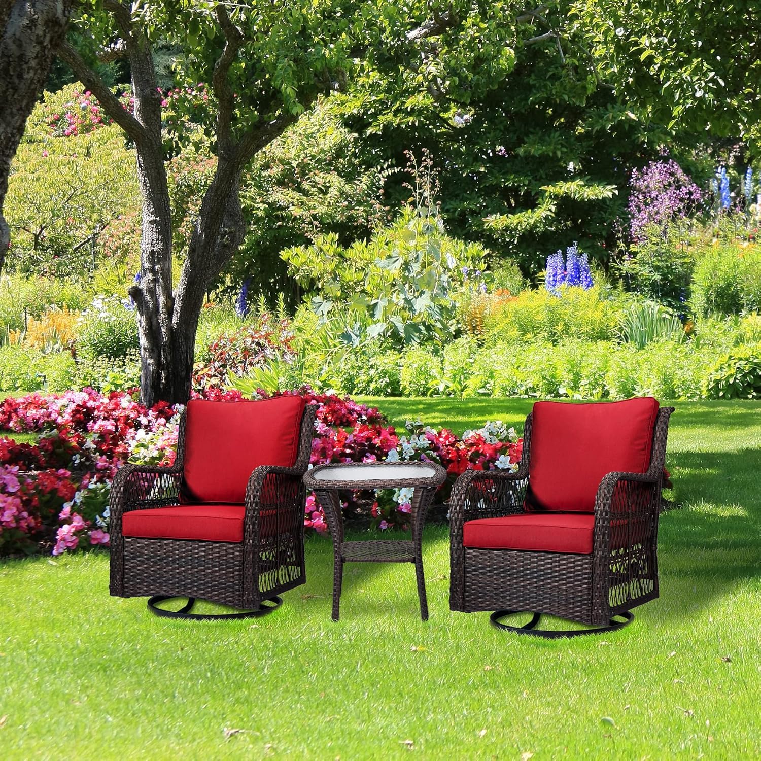 3-Piece Outdoor Wicker Rattan Swivel Rocking Chair Set with Armored Glass Side Table & Premium Cushions - 360° Swivel Patio Furniture for Backyard, Porch, Deck, Balcony, Garden, Rust