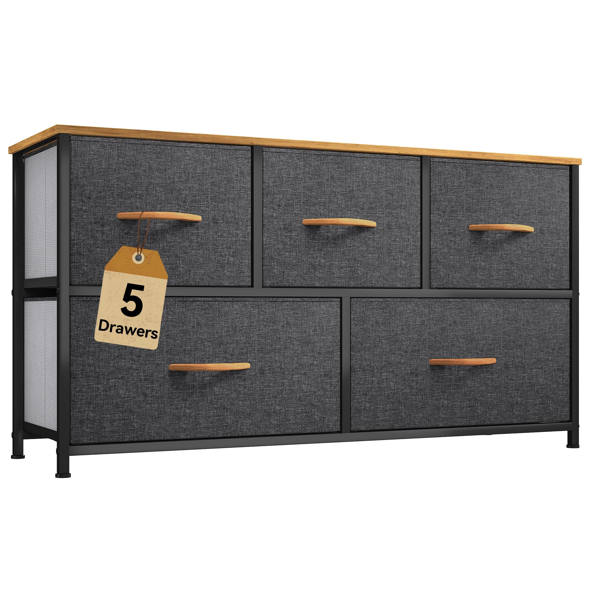 DWVO Dresser TV Stand, Fabric Tower with 5 Drawers, Dresser for Bedroom, Storage Tower, Chest of Drawers for Closet