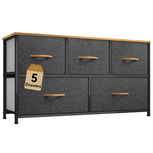 DWVO Dresser TV Stand, Fabric Tower with 5 Drawers, Dresser for Bedroom, Storage Tower, Chest of Drawers for Closet