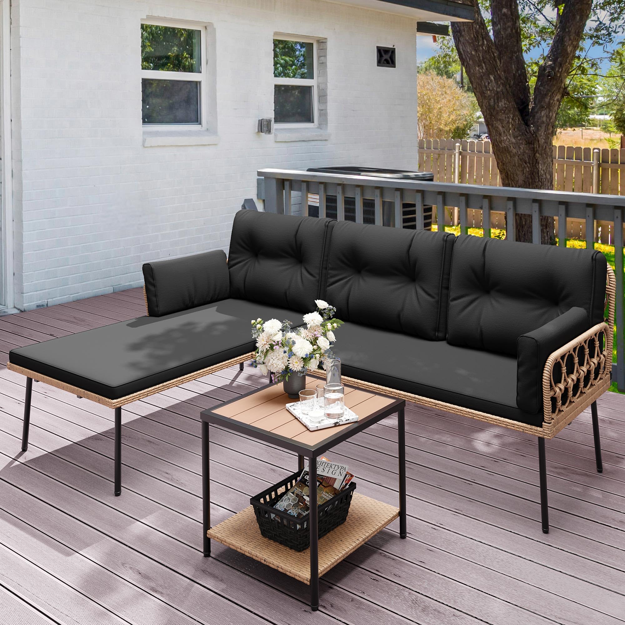 YITAHOME Patio Furniture Set, 3-Piece Outdoor Wicker Conversation Sectional L-Shaped Sofa with 4 Seater for Backyard, Porch, Boho Detachable Lounger with Cushions and Coffee Table - Black