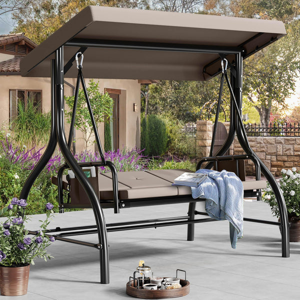 DWVO 3-Seat Outdoor Porch Swing with Adjustable Canopy - Heavy Duty Swing Chair with Removable Cushion, Backyard (Gray)