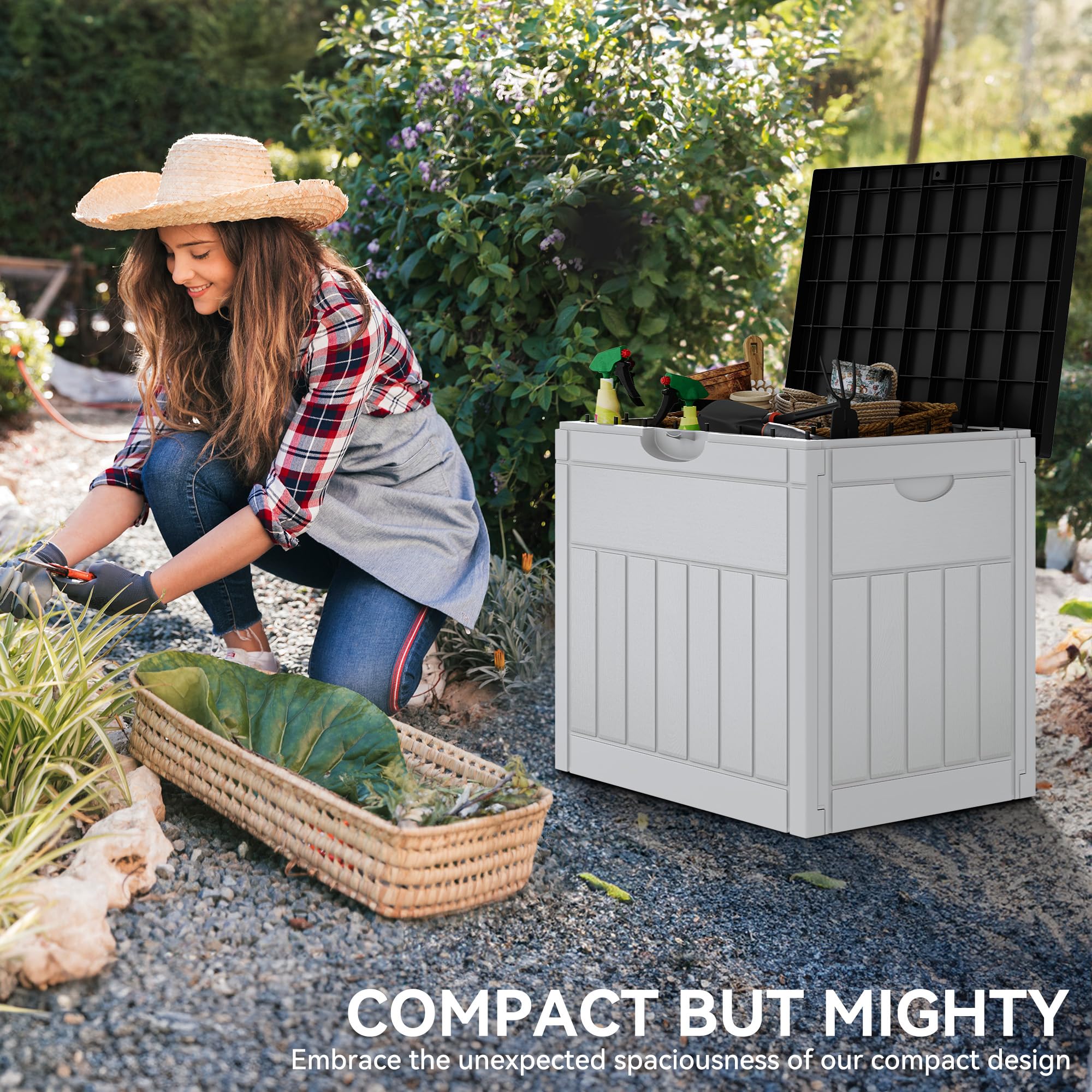 YITAHOME 32 Gallon Deck Box, Resin Storage with Lockable Lid & Side Handles, Indoor Outdoor Small Container for Patio Cushion, Garden Pool Accessories, Backyard Furniture, Water Resistant