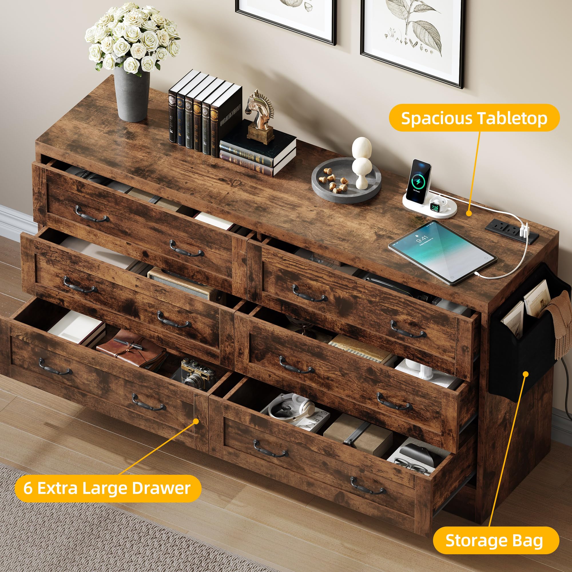 DWVO Farmhouse 6 Drawer Dresser for Bedroom, 31.5 Inch Tall Modern Dresser TV Stand with Large Drawers & Bar Handles, Storage Dressers with Power Outlets, Rustic Wood Chest of Drawers, Rustic Brown