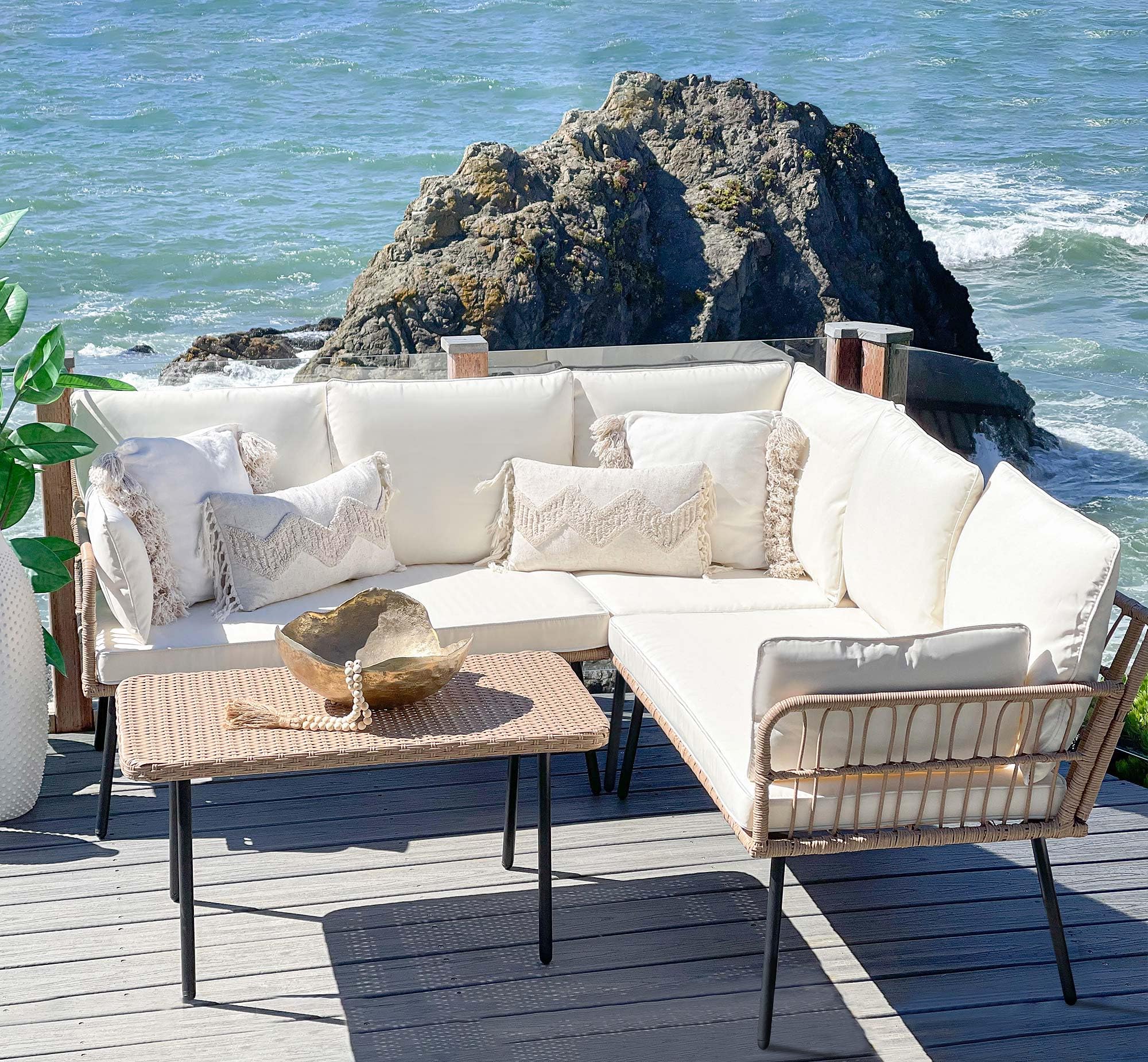 YITAHOME 4 Pieces Patio Furniture Set, Outdoor Wicker Woven Conversation Sectional L-Shaped Sofa with 5 Seater for Backyard, Porch, Boho, Detachable Lounger with Side Table - Beige