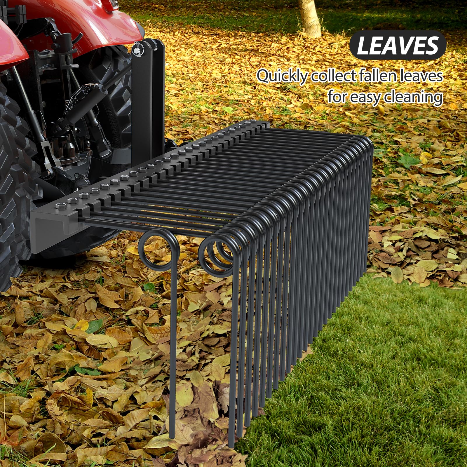 72 Inch Pine Straw Needle Rake, 3 Point Landscape Rake, Powder Coated Steel Spring Tow Behind Rakes, Tractor Attachments for Leaves Straw Grass Attach to Cat 0 Cat 1, Black