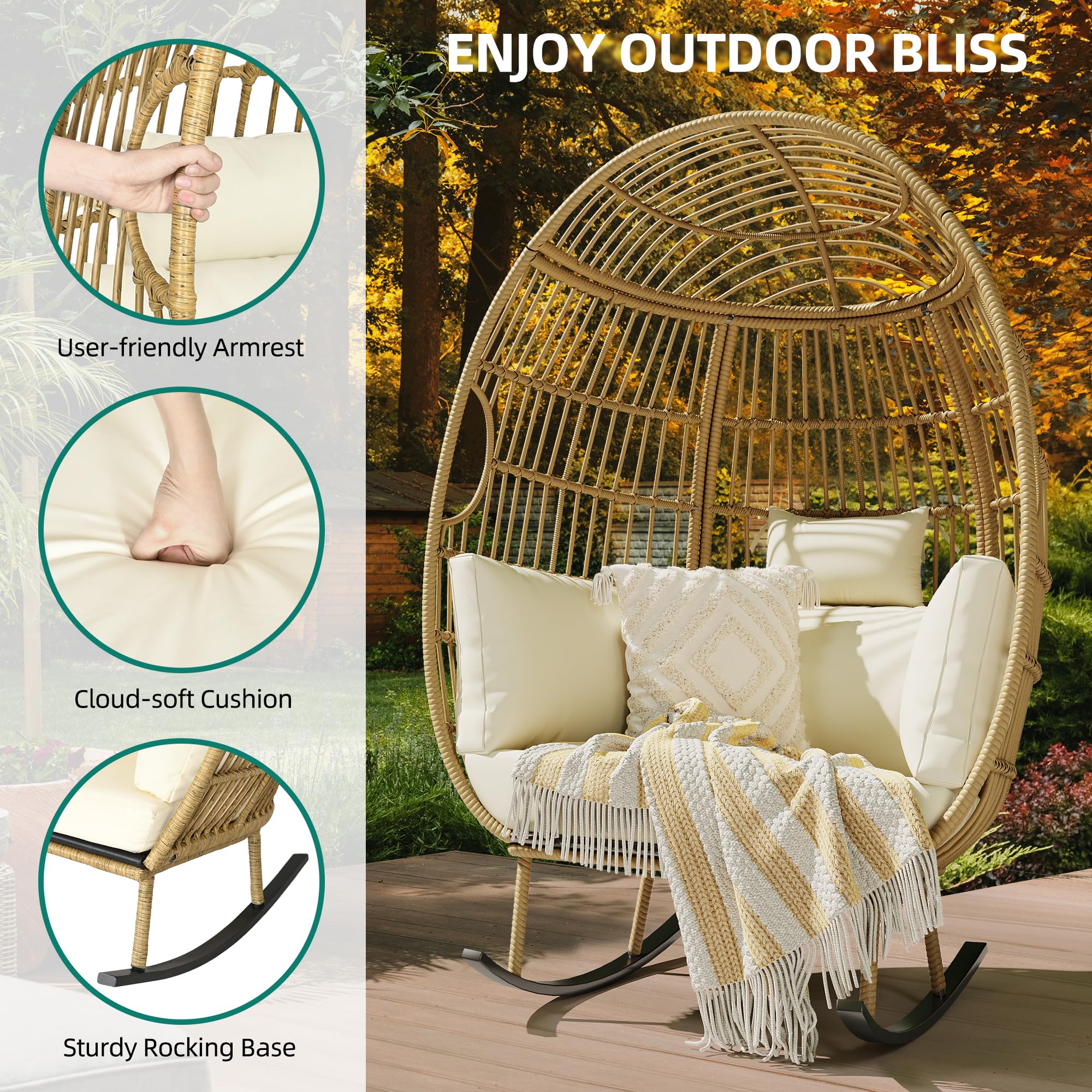YITAHOME Rocking Egg Chair for Outdoor, Oversized Patio Rocking Basket Chair with 400lbs Capacity, All-Weather Wicker Egg Lounger Chair for Outside Indoor (Beige)
