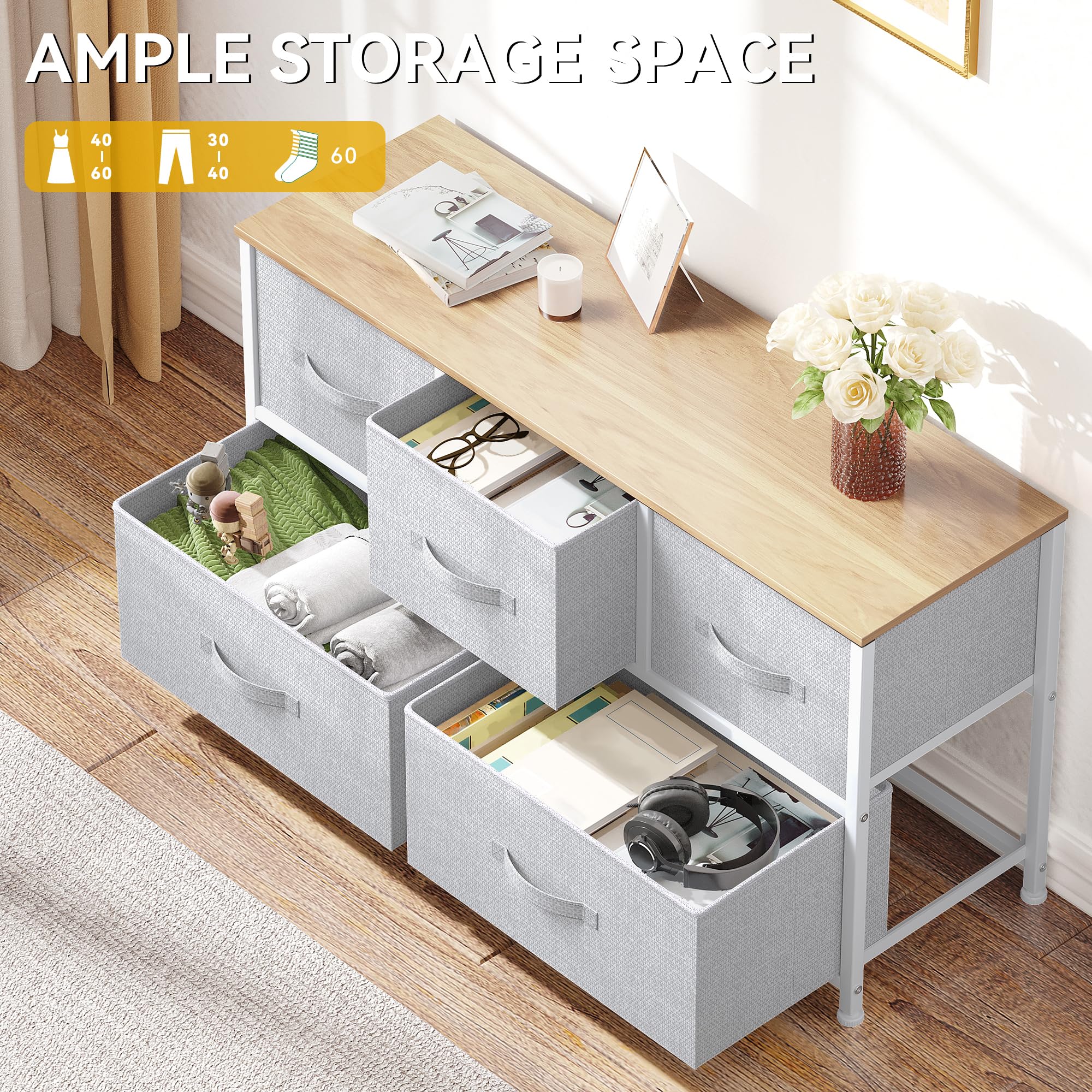 DWVO 5 Dresser for Bedroom, Storage Dresser with 5 Drawers, Wide Storage Tower, Chest of Drawers for Closet, Living Room