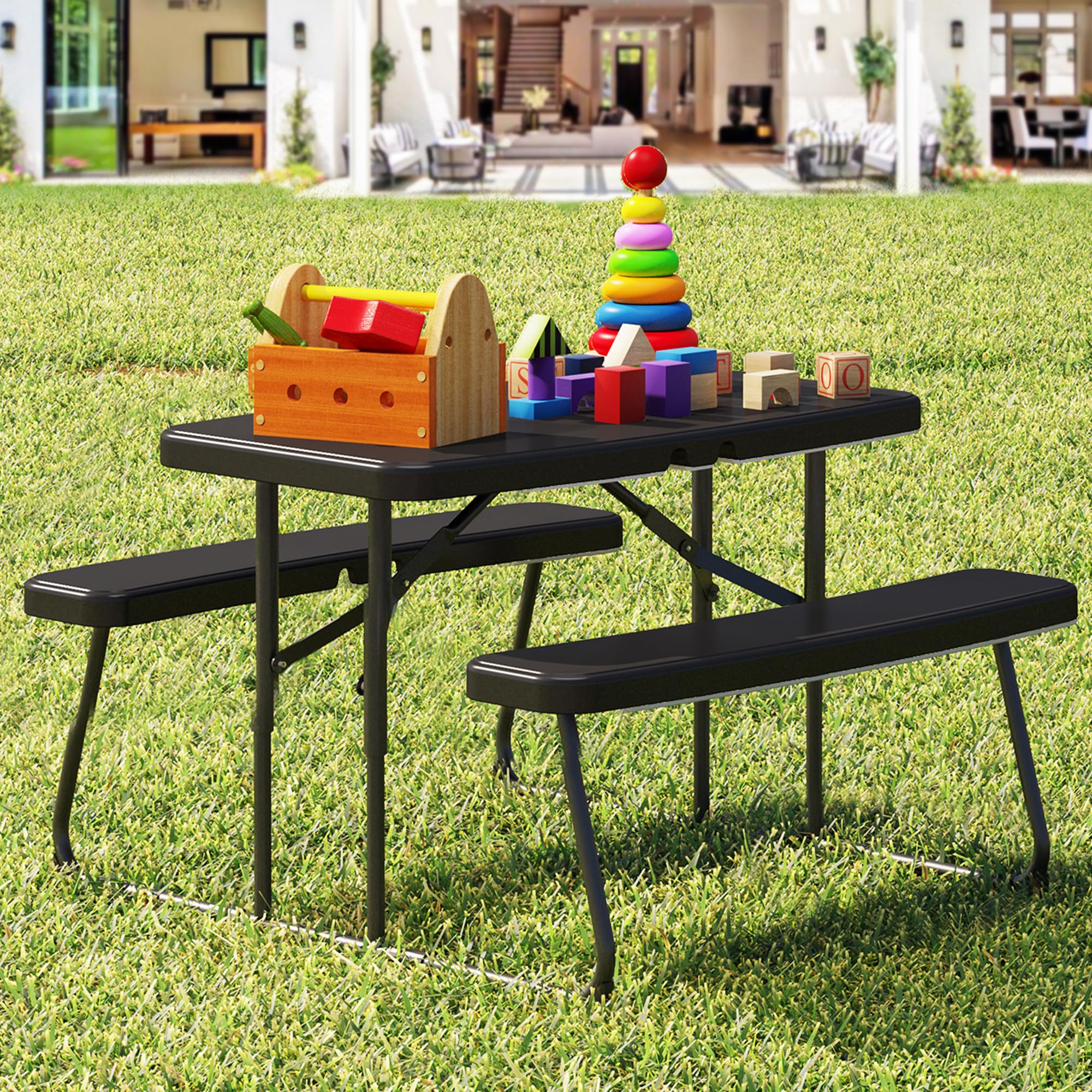DWVO 37" Picnic Table, Folding Picnic Tables for Outdoors with Weather Resistant Resin Tabletop & Stable Steel Frame for Yard Patio Lawn Party, Black