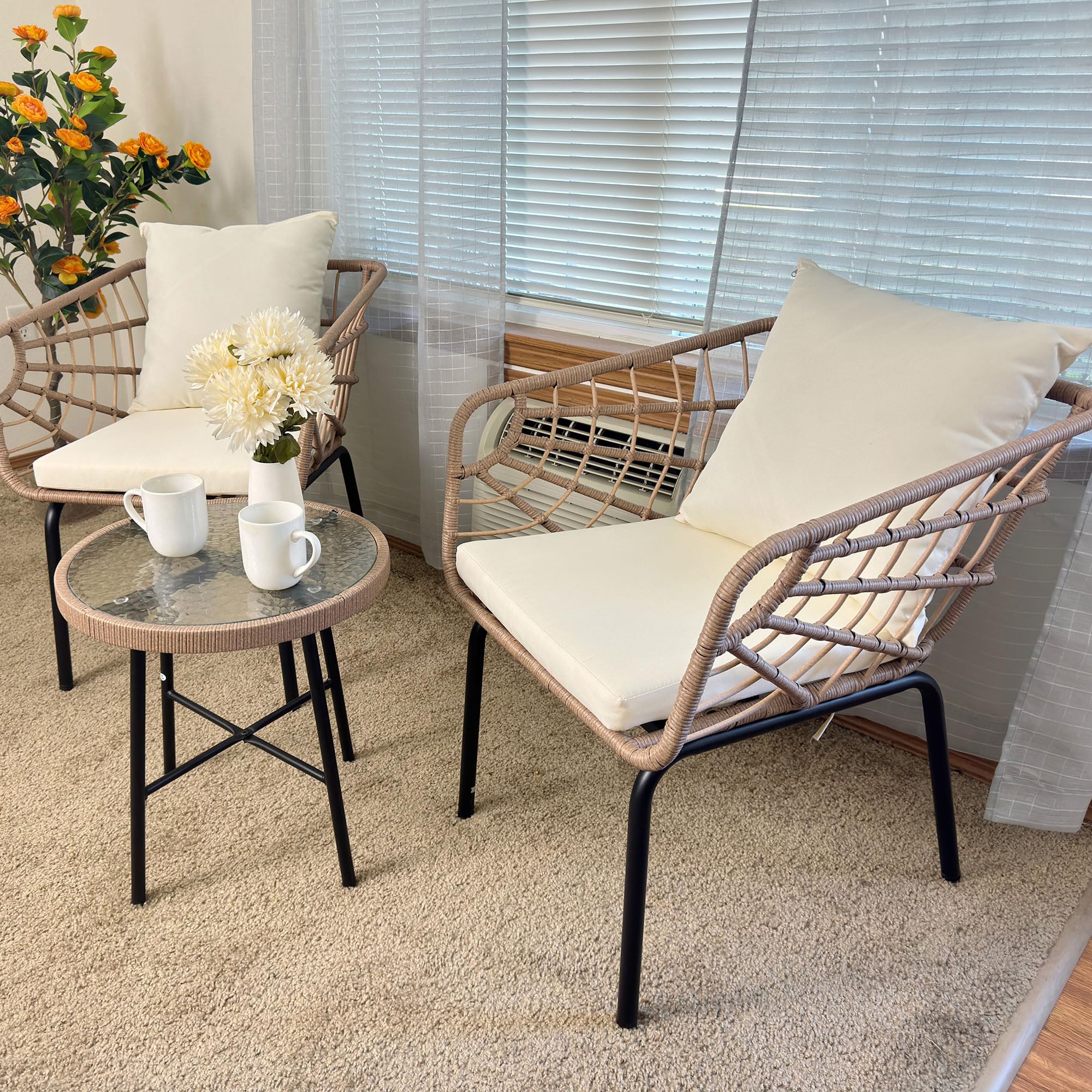 YITAHOME Accent Chairs Set of 2, Wicker Arm Chair with Soft Cushion, Comfy Living Room Chairs Mid-Century Modern Reading Chairs with Side Table for Living Room, Bedroom, Balcony, Beige