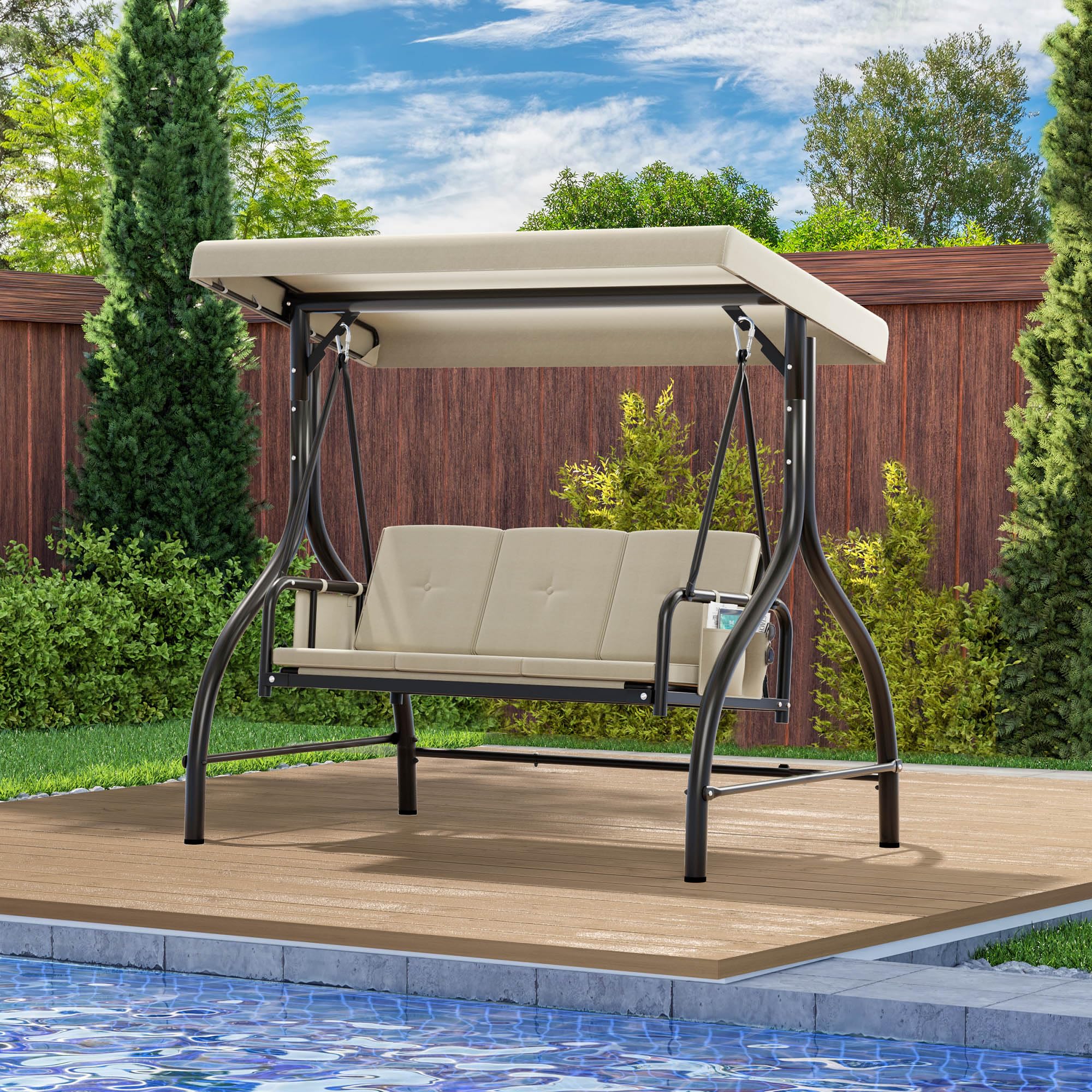 YITAHOME Porch Swing Bed 3-Seats Outdoor Patio Heavy Duty Swing Chair with Adjustable Canopy Removable Cushion, Suitable for Adult in Garden, Poolside, Balcony, Beige