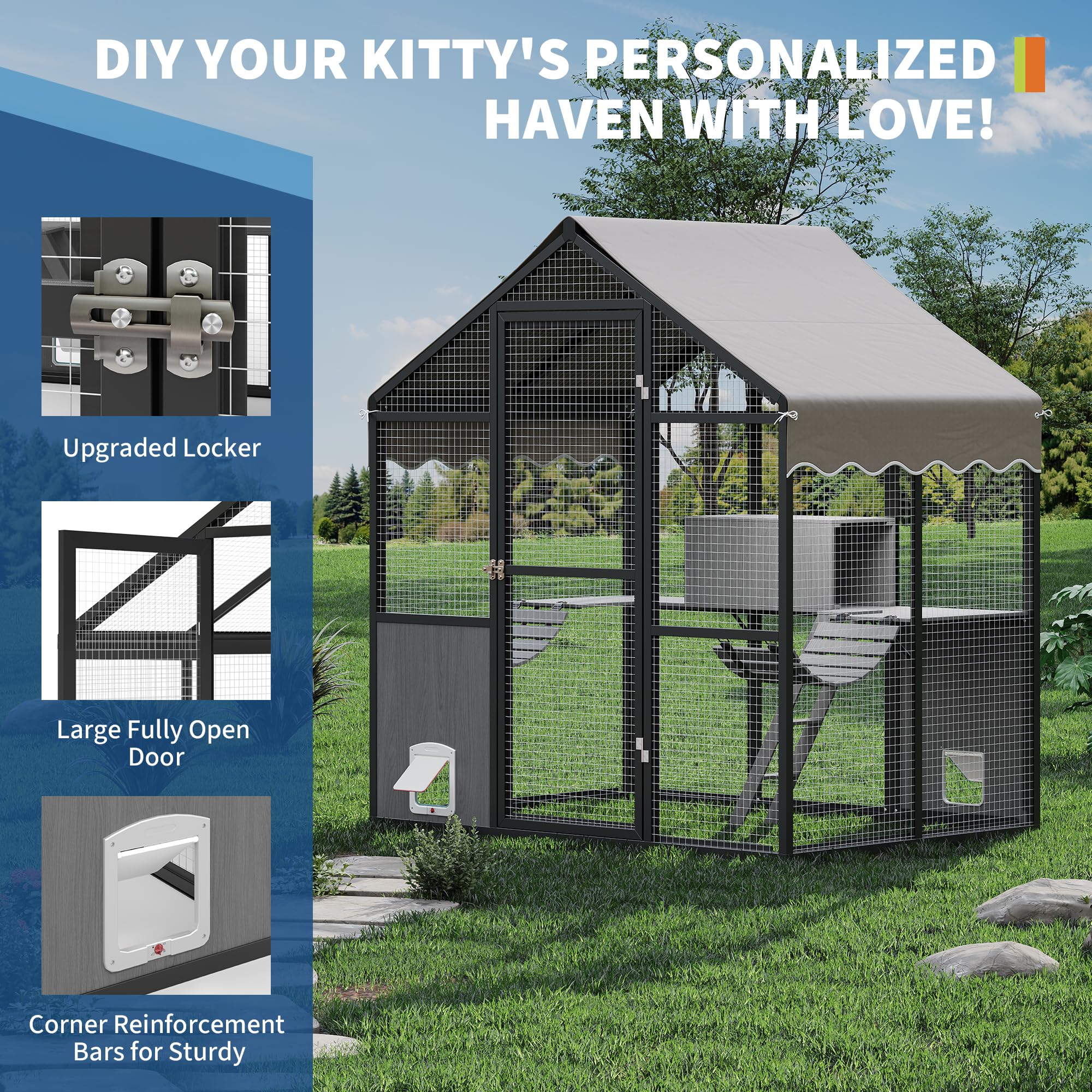 Aluminum Walk-In Large Outdoor Cat Enclosure, Large Outdoor Catio for Multiple Cats, Outside Cattery with Weatherproof Roof with Channels, Side Door, UV Proof Cover, Huge Condo, Platform