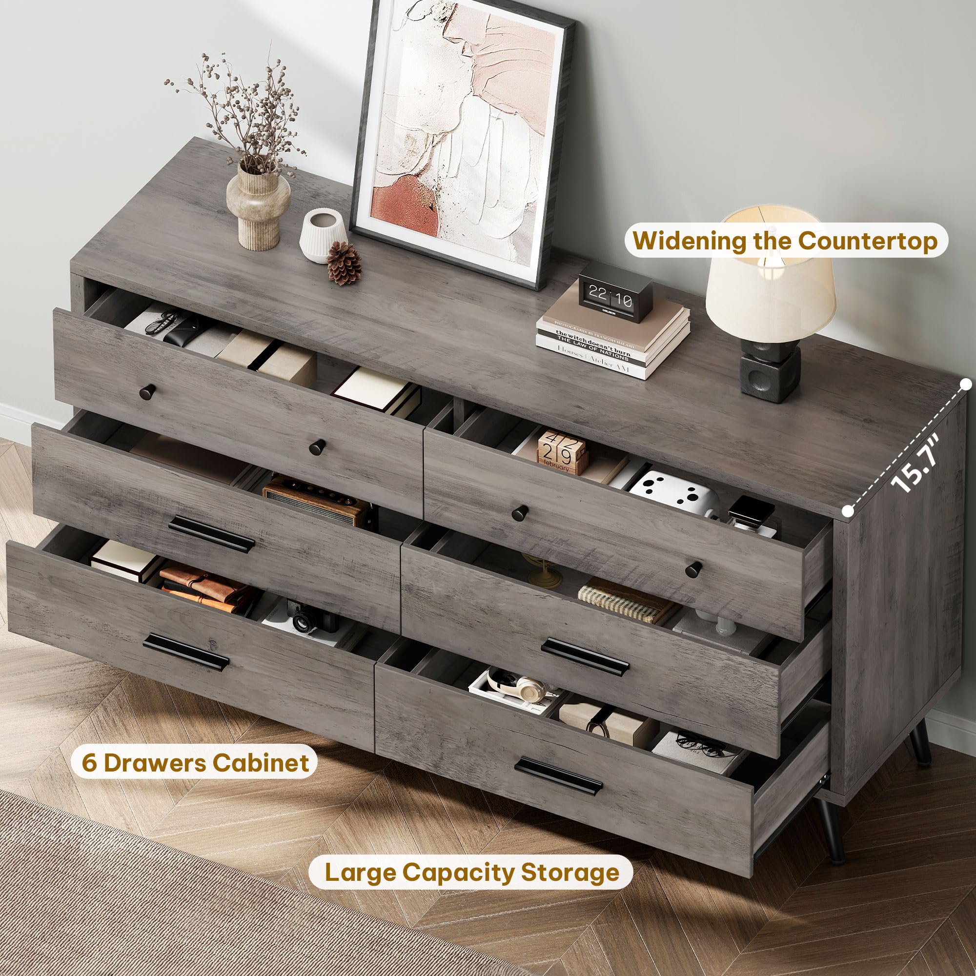 DWVO Grey Dresser TV Stand for 65 Inch TV/6 Drawer Dresser Entertainment Center/Console Table with Black Metal Handles & Anti-Tipping Device for Living Room