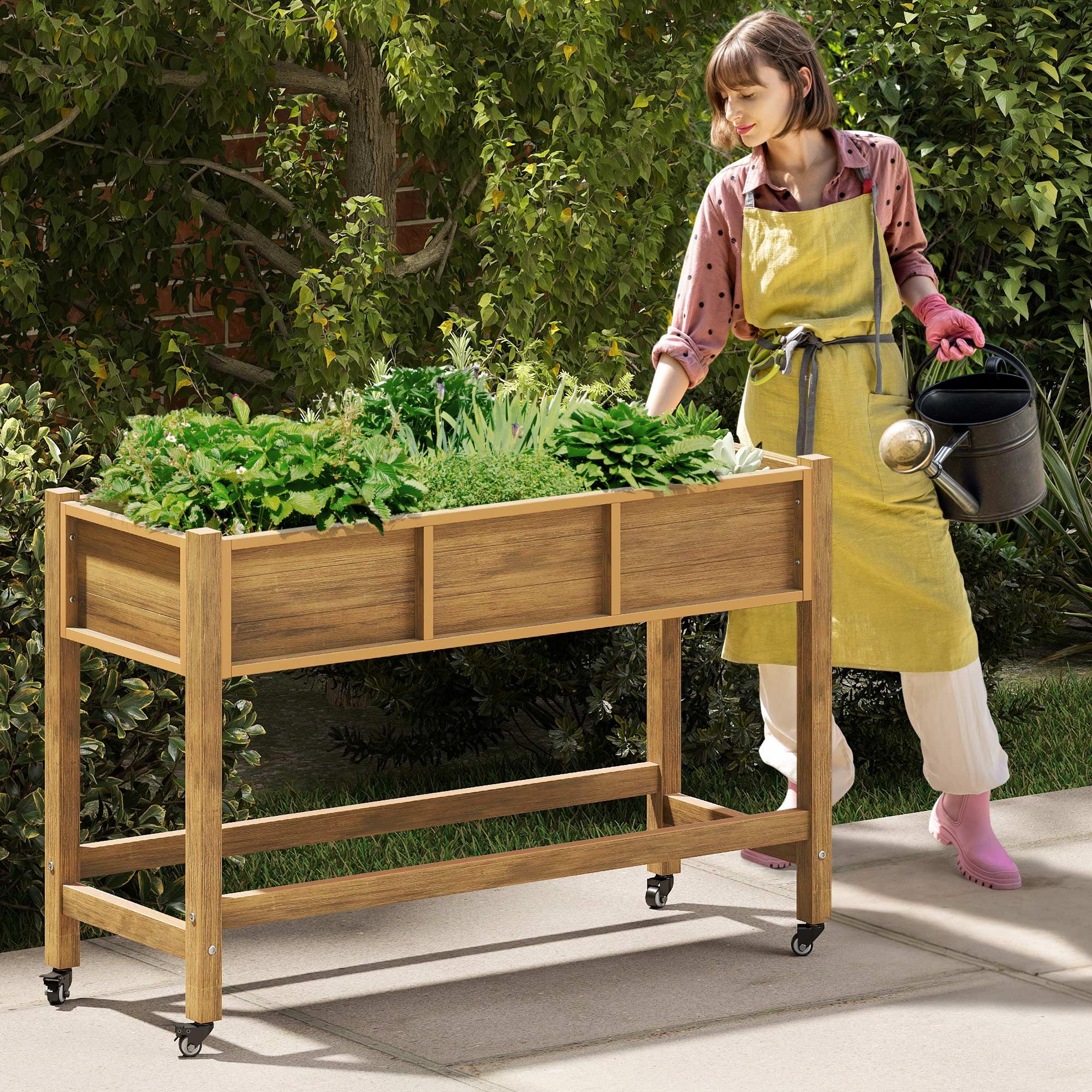 YITAHOME Raised Garden Bed, 47x18x31 Inch HIPS Poly-Wood Weather-Resistant Elevated Planter Box with Lockable Wheels for Vegetable, Brown