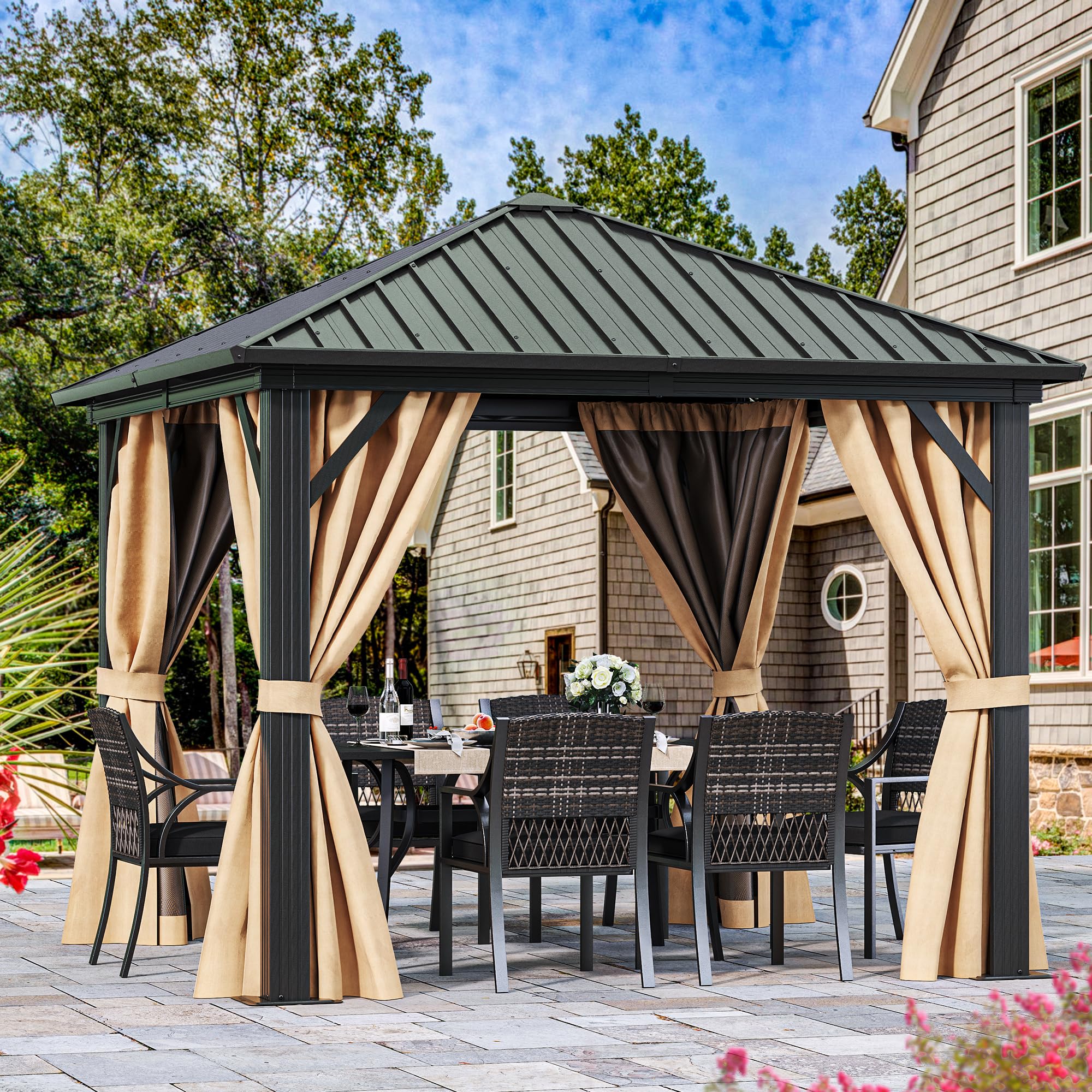 YITAHOME 10X10FT Metal Hardtop Gazebo Outdoor Patio Single Top Canopy Galvanized Iron Aluminum Column Garden Tent Curtains Netting for Backyards Decks Lawns,Brown