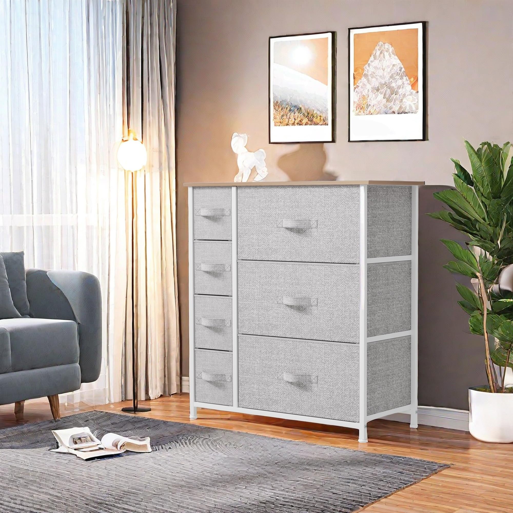GOOBED Dresser for Bedroom, 7 Drawers Fabric Dresser, Organizer Unit for Living Room, Hallway, Closets - Sturdy Steel Frame, Wooden Top & Easy Pull Fabric Bins, Light Gray