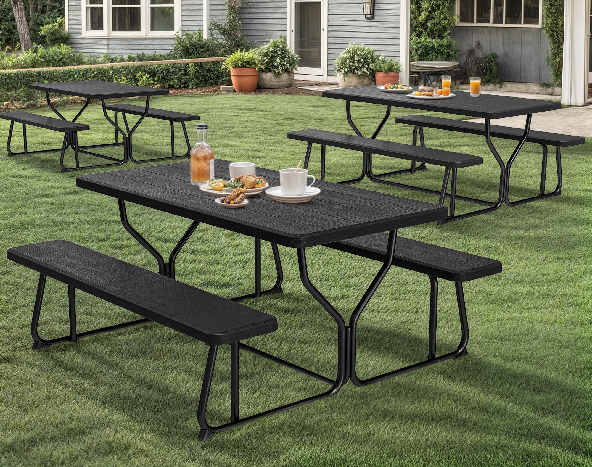 YITAHOME Picnic Table Heavy Duty Outdoor Picnic Table and Bench with Weather Resistant Resin Tabletop & Stable Steel Frame for Yard Patio Lawn Party Black