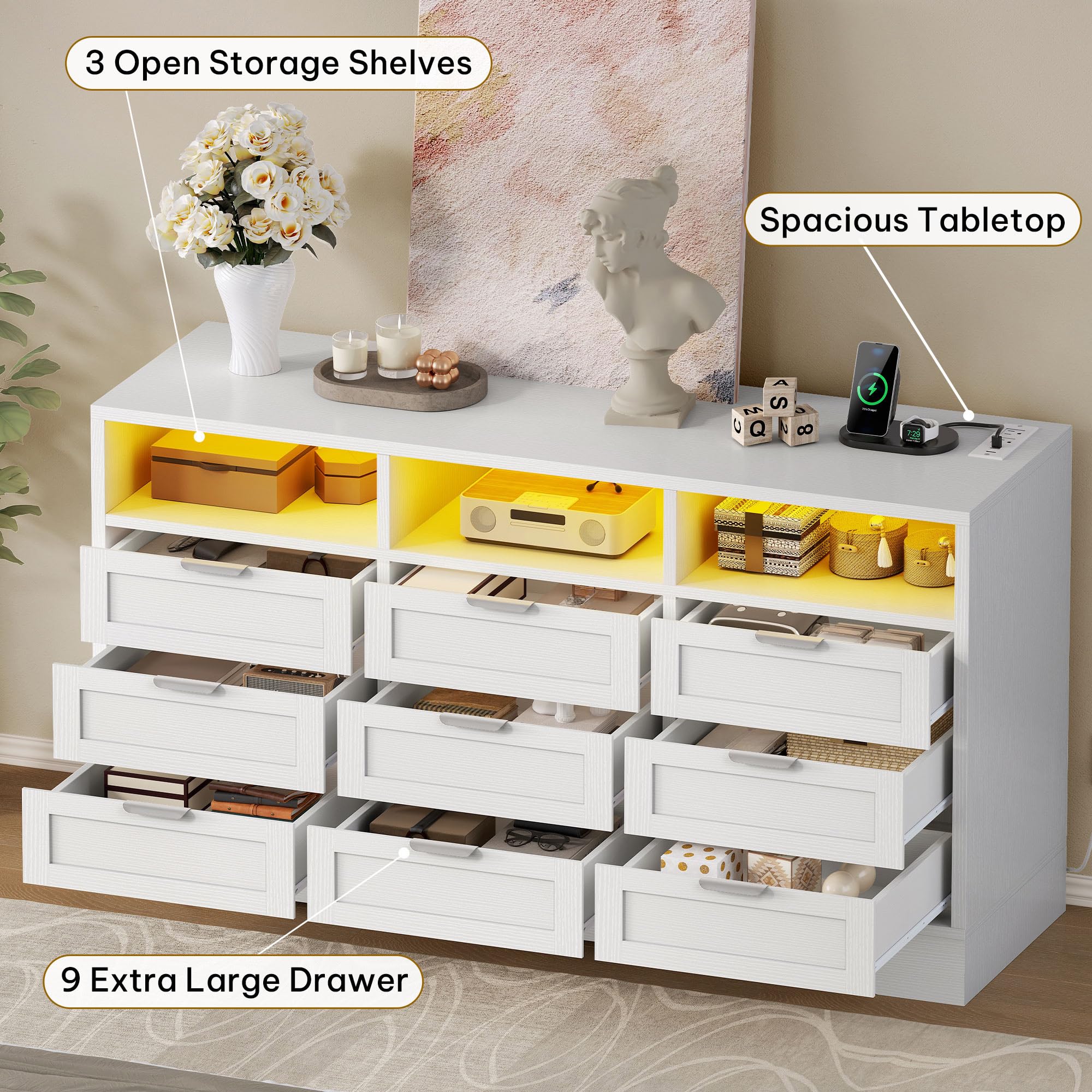 DWVO 9 Drawer Double Dresser with LED Ligh, Modern Chests of Drawers with Power Outlet, High White Storage Dresser with Charging Station-White