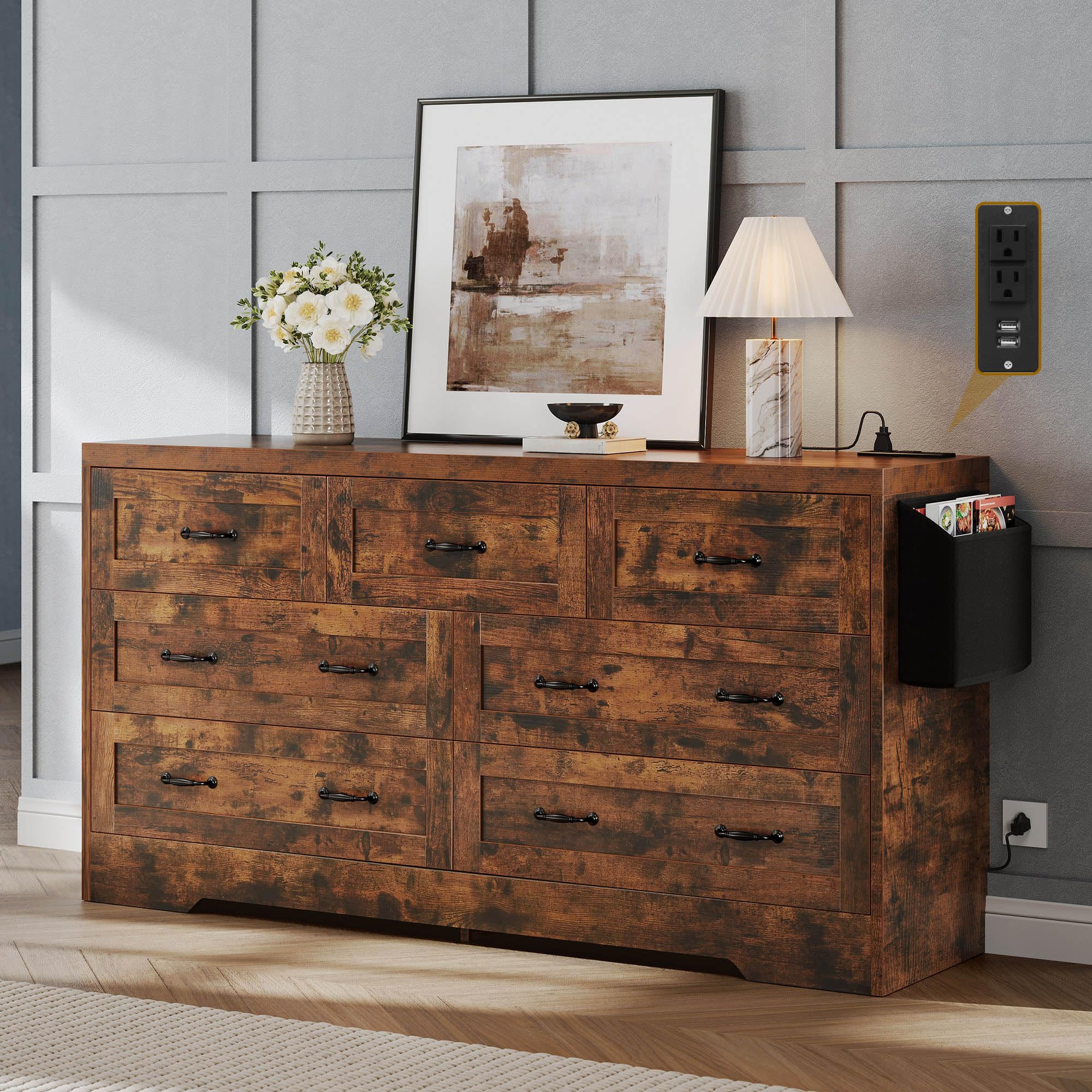 DWVO 7 Drawer Dresser for Bedroom, 60 Inch Large Modern Dresser TV Stand with Drawers & Bar Handles, Storage Dressers with Power Outlets, Rustic Wood Chest of Drawers, Farmhouse,Upgraged Rustic Brown