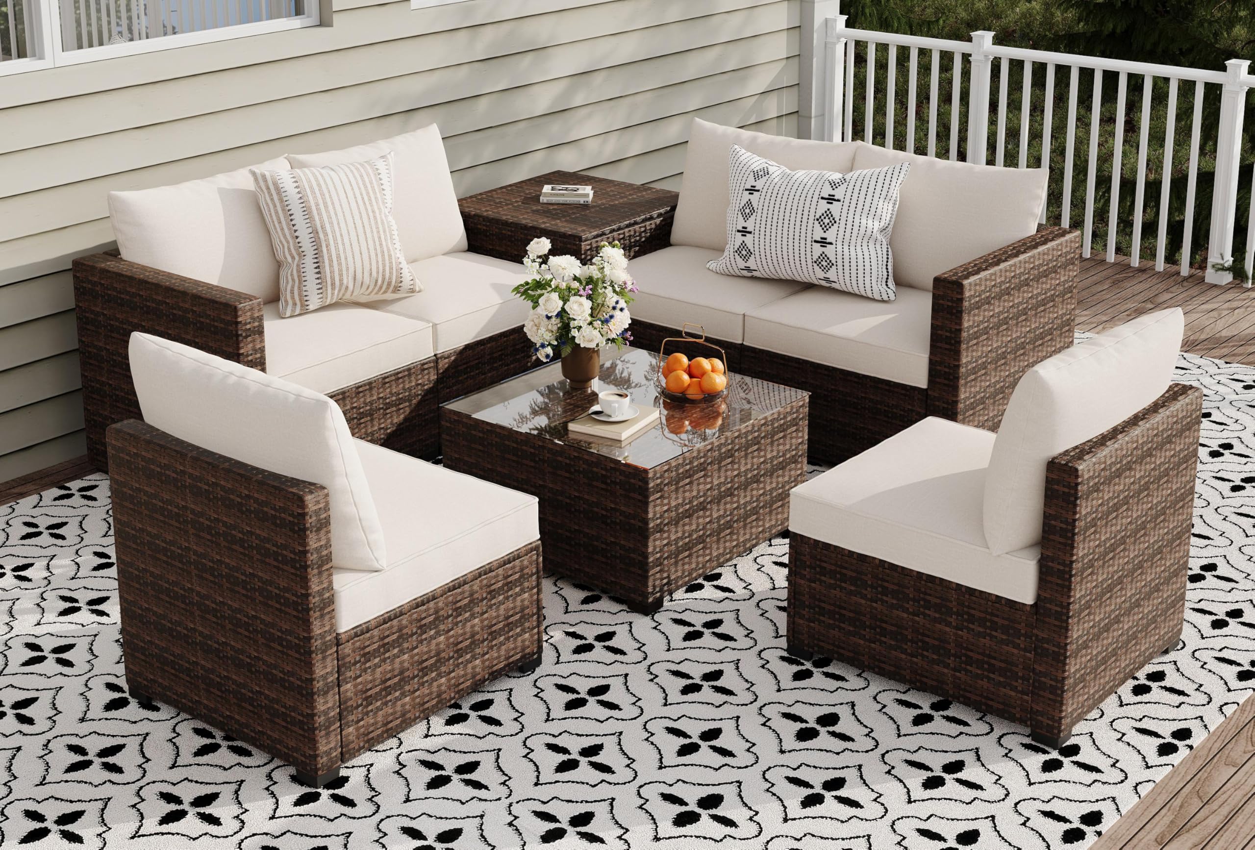 8 Pieces Outdoor Furniture Sets, Patio Conversation Sets with Storage Coffee Table & Water-Resistant Cushions, Outdoor Sectional Furniture for Front Porch, Backyard, Garden