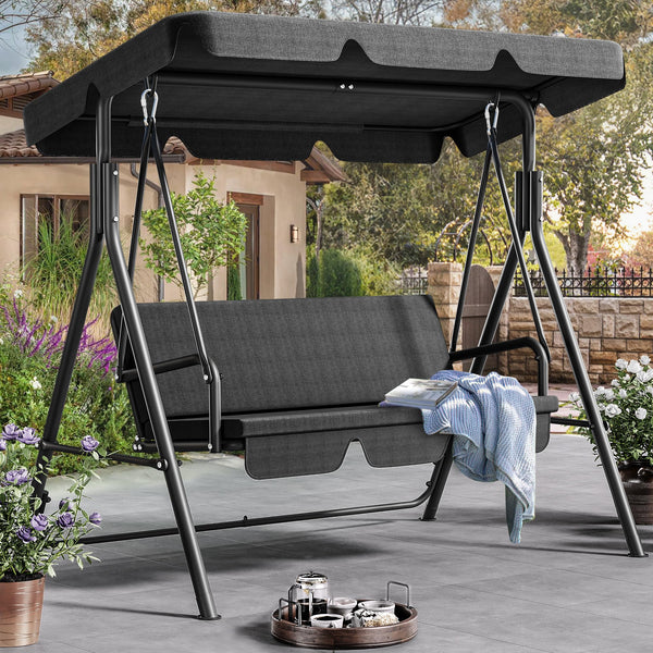 DWVO Patio Swing Front Porch Swing for 3 Seats Porch Swings with Adjustable Canopy Outside Swing Bench with Removable Cushion, Suitable for Backyard, Garden, Yard, Poolside, Balcony (Black)