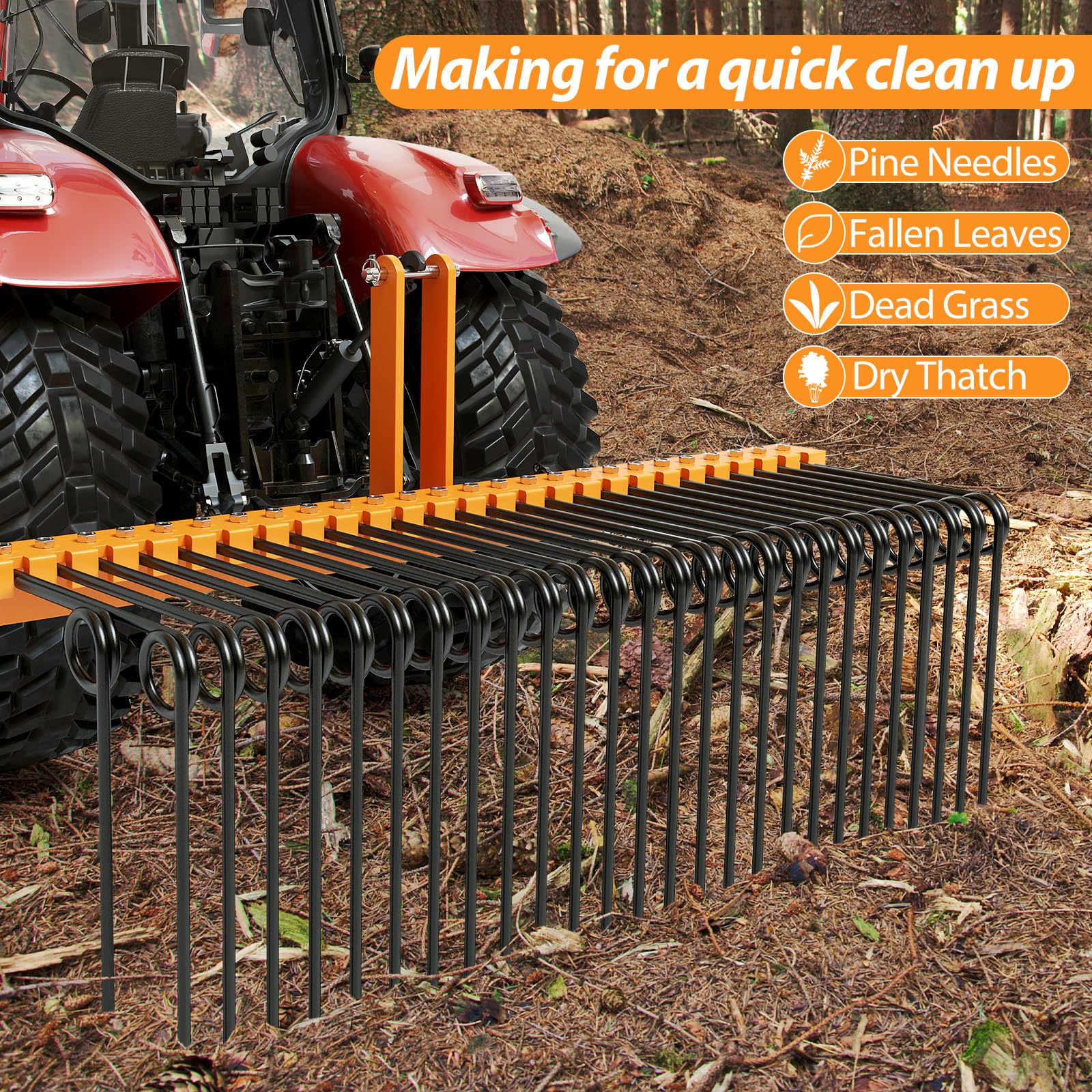 GarveeLife 60 Inch Pine Straw Needle Rake, 3 Point Landscape Rake, Powder Coated Steel Spring Tow Behind Rake, Tractor Rake Attachments for Leaves Straw Grass Attach to Cat 0 Cat 1, Orange